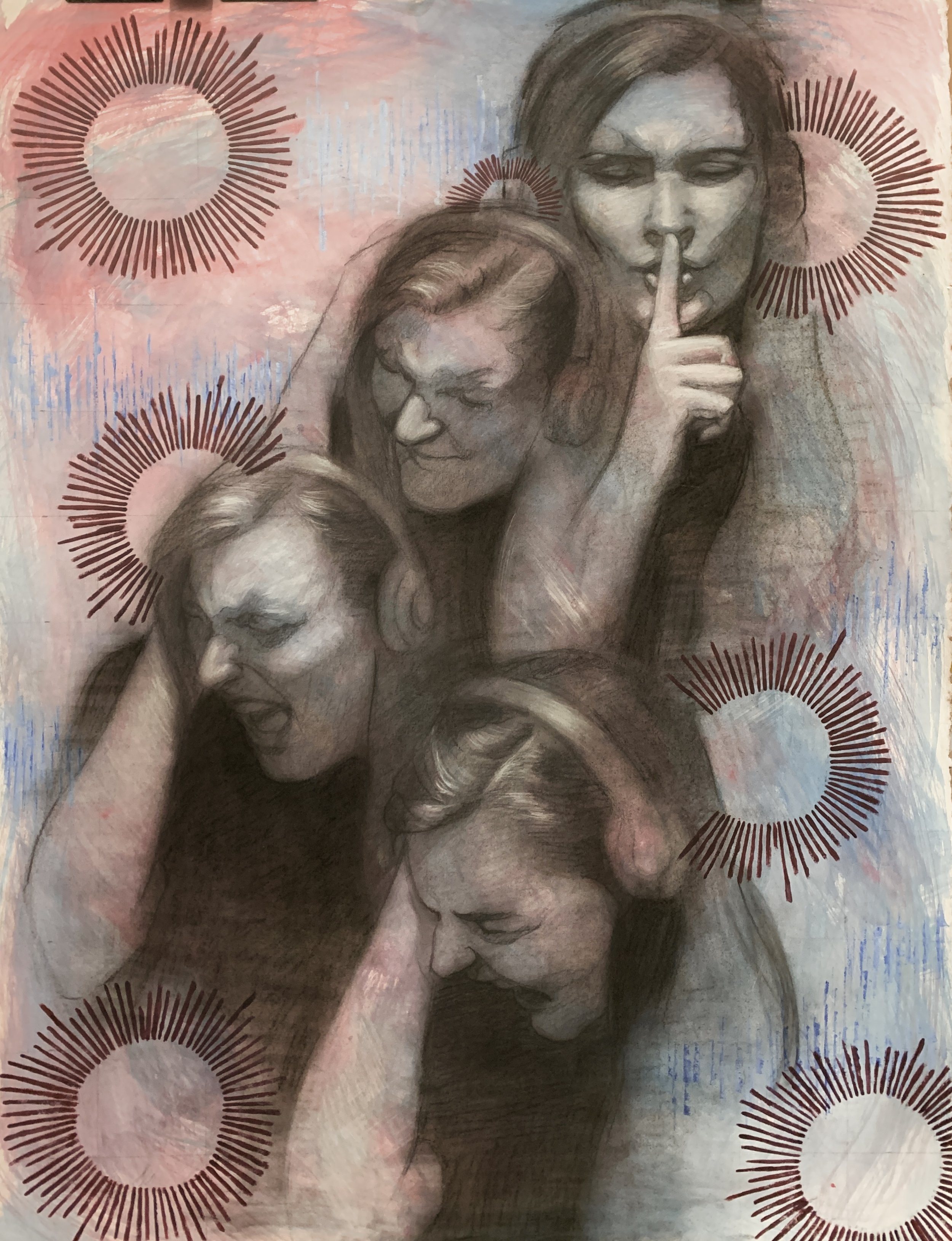 “All at once there was Silence” 22inx30in Charcoal, Acrylic, Watercolor, and Pastel on Arches Watercolor Paper 