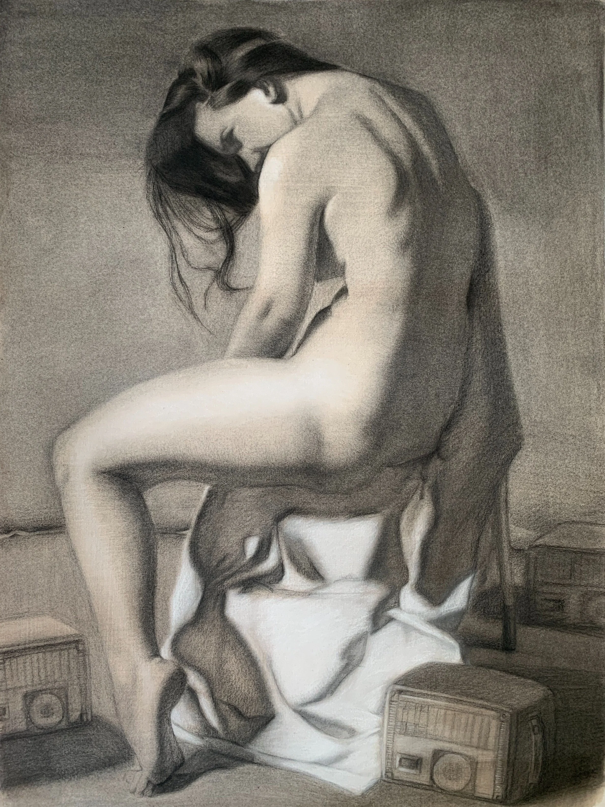 Radio Silence - 24"X36" in Charcoal on Arches Watercolor 300 LB paper