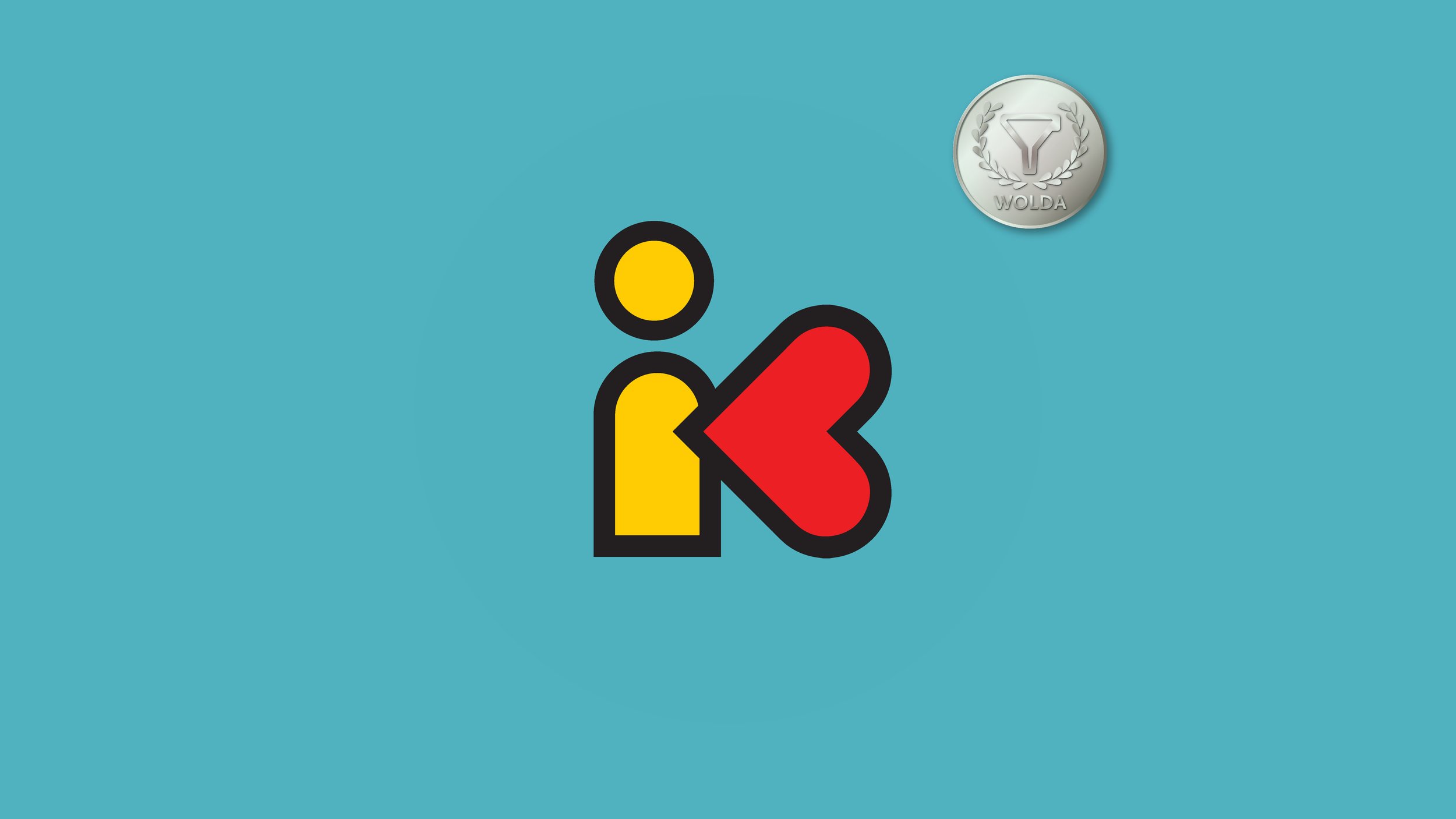 A stylized graphic of a person with a yellow body and black outline holding a red heart, set against a teal background, with a silver medal featuring a leaf and a funnel design in the upper right corner.
