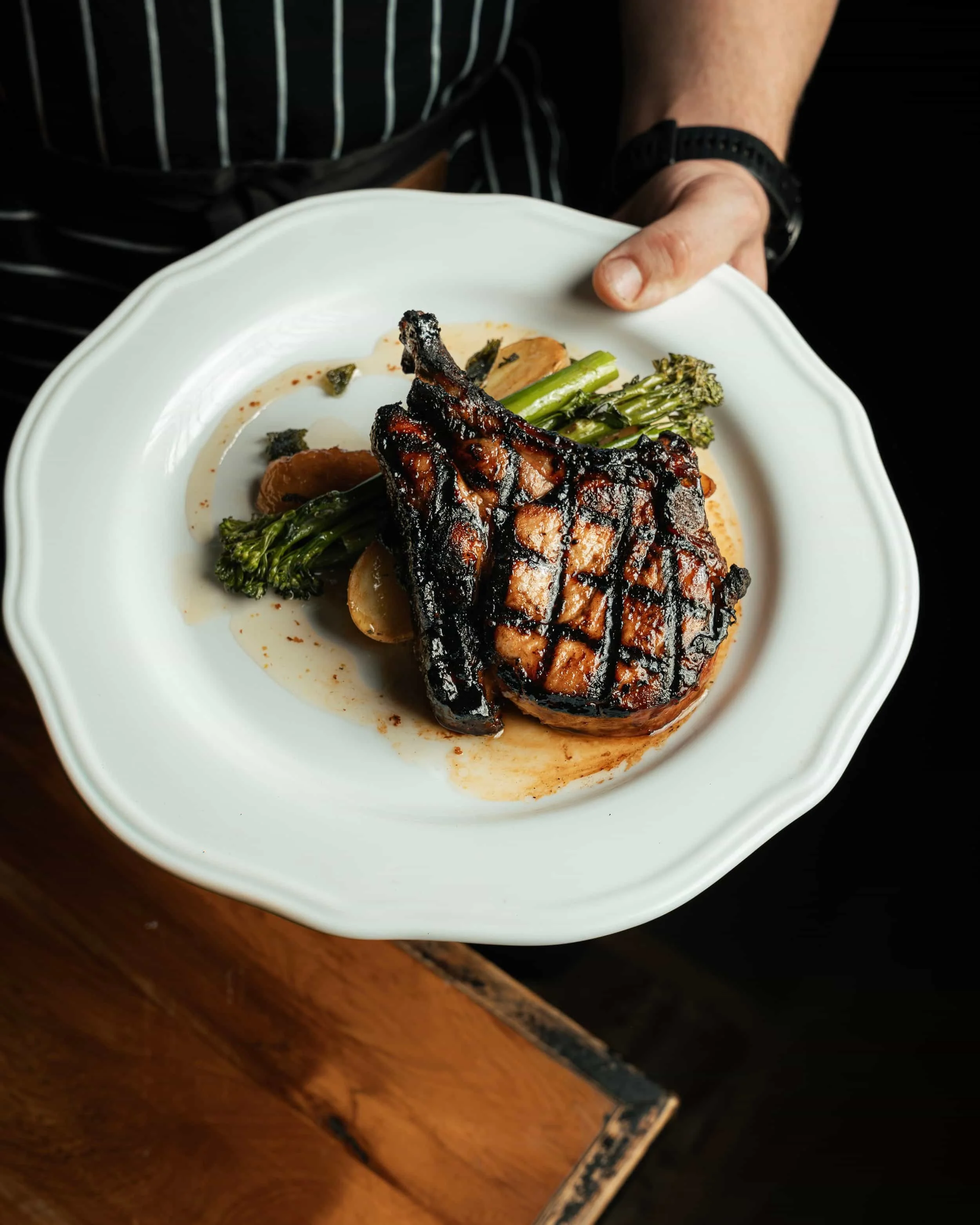 Rockwall's Maple Glazed Scottsdale Pork Cutlet with sage roasted potatoes, Huon Valley Rubigold apple & broccolini.
