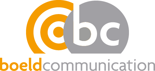 Logo von boeld communication mit orangefarbenem Symbol und schwarzem sowie grauem Text.