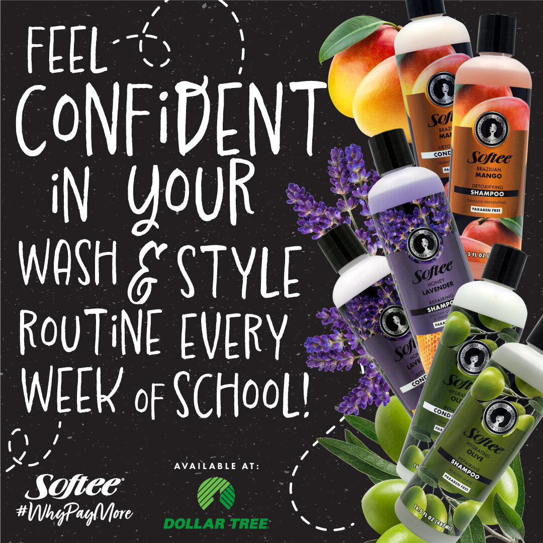 #SofteProducts Paraben Free 16.5 oz. Shampoos and Conditioners are blended with a multitude of ingredients that bring the health of your hair to life and smell amazing!  A shelf favorite at #DollarTree!  Send those little queens 👑 to school with the
