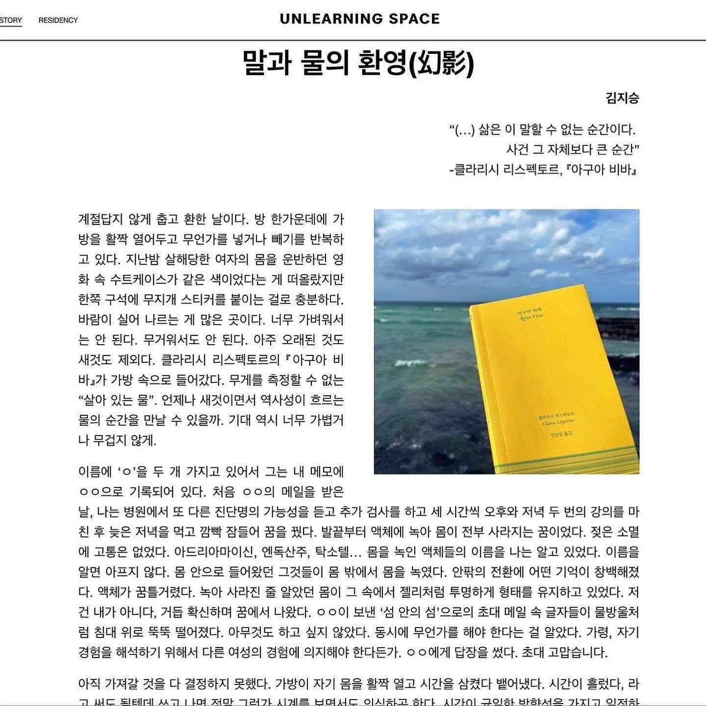 &ldquo;(&hellip;) 삶은 이 말할 수 없는 순간이다.&nbsp;
&nbsp;사건 그 자체보다 큰 순간&rdquo;
-클라리시 리스펙토르, 『아구아 비바』&nbsp;

&hellip;
얼마간 초조하던 마음이, 쩔쩔매던 두 손이 어느 시점부터는 평온해졌다. 서서히 그런 생각도 들었다. 초조하고 쩔쩔매는 이는 늙은 해녀들이 아니라 나여야 한다. 그들이 경계심을 쉽게 풀어주지 않아서, 섬과 섬밖의 이들을 차갑게 구분해서, &lsquo;우리