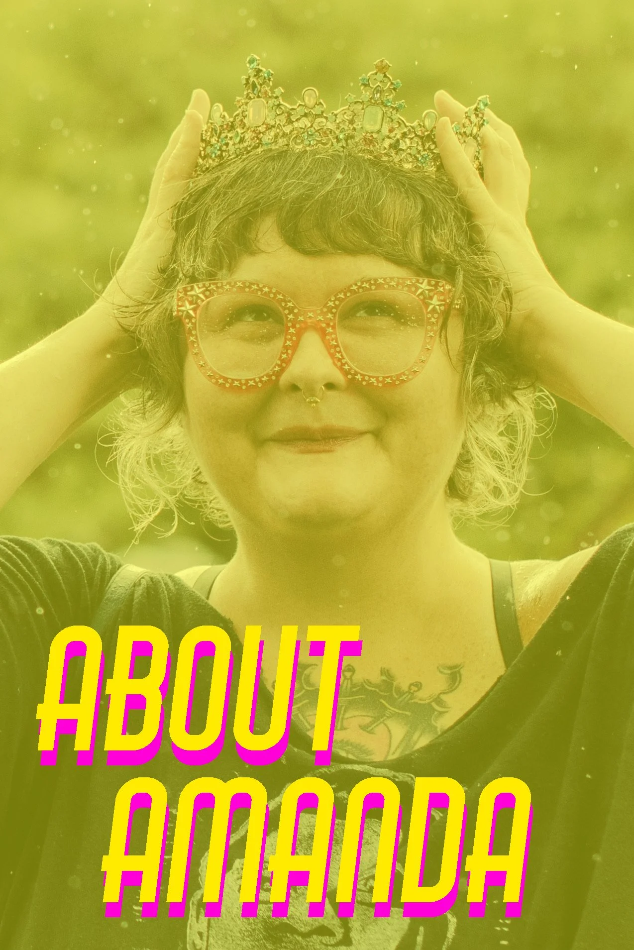 Person with curly hair wearing large red glasses, holding a jeweled tiara above their head, with a green background, and colorful text reading 'ABOUT GODDESS' partially visible at the bottom.