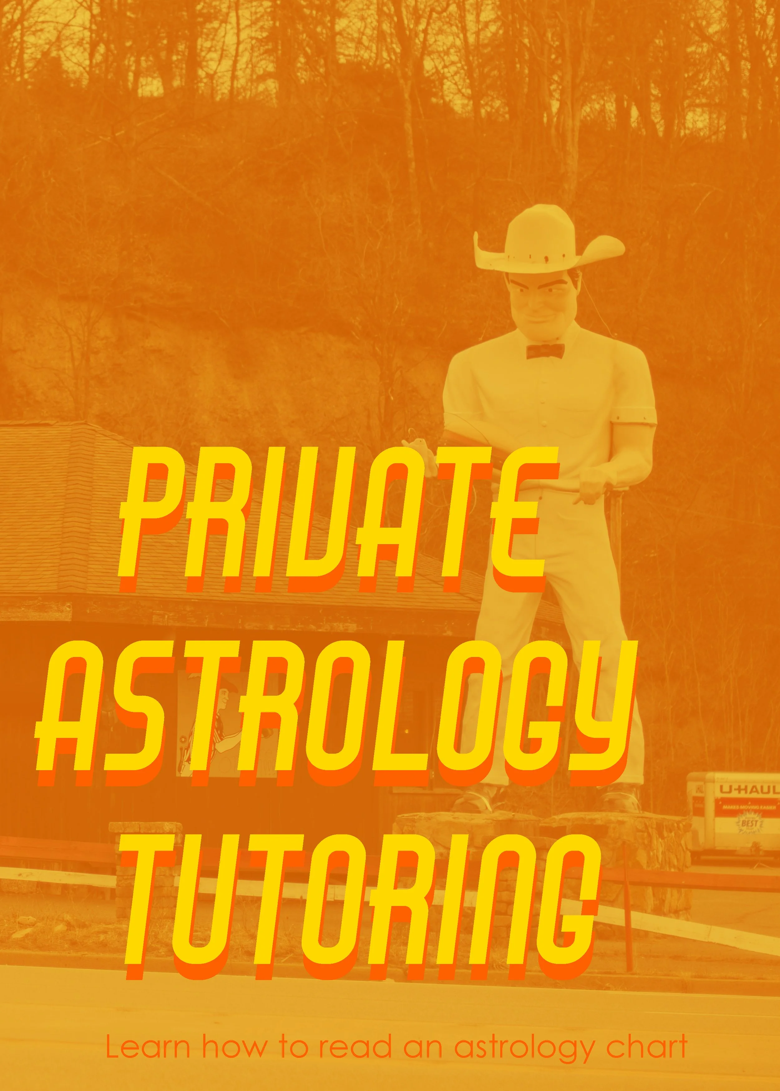 A person dressed as a cowboy with a large hat, white shirt, and bow tie standing in front of a wooded area with trees, with the words 'Private Astrology' and 'The TUTORIAL' overlapping the image in bold, orange and yellow text, and smaller text at th