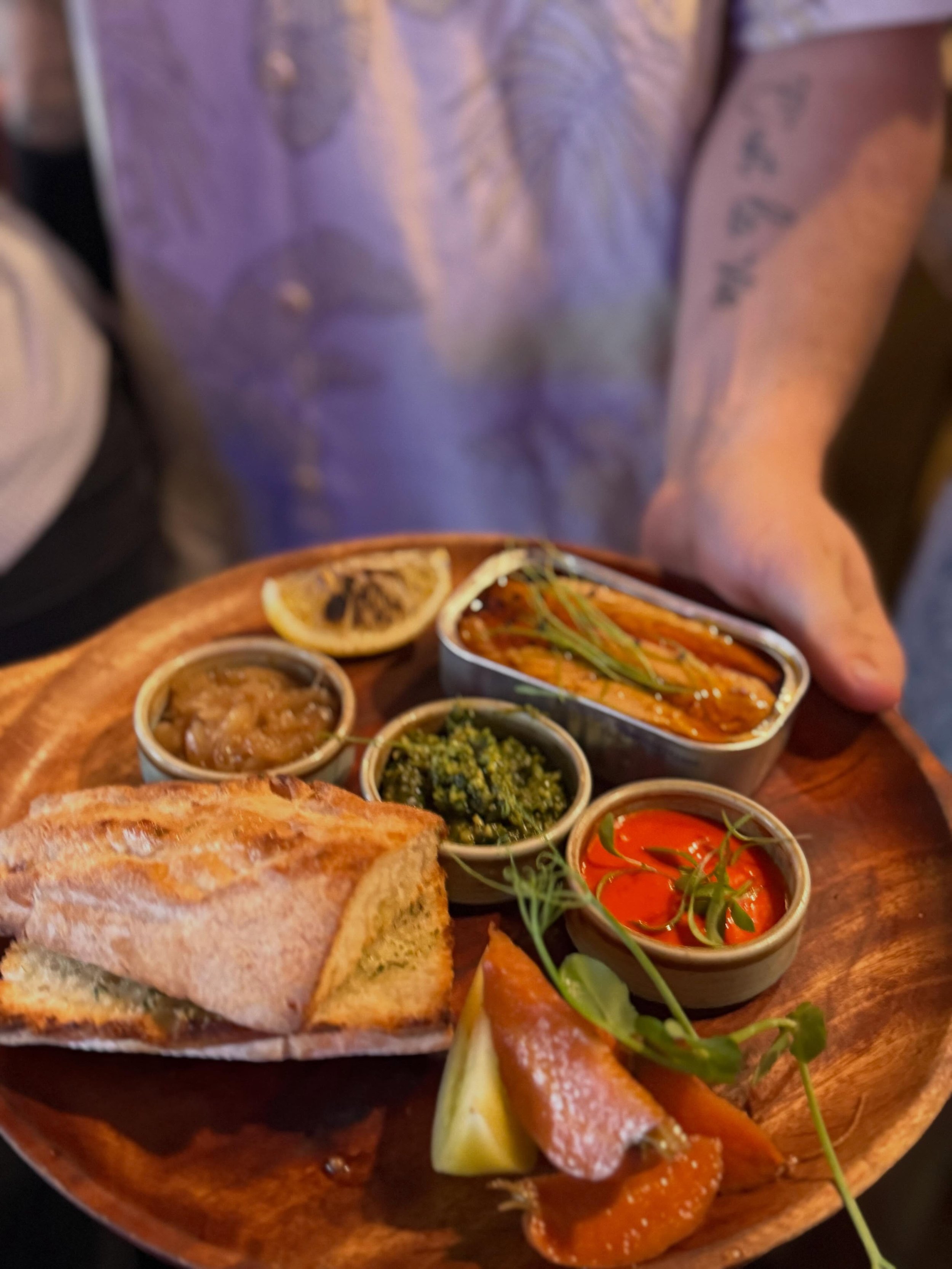 All that a long weekend in Oceanside needs is tin fish from @sosal.line and chef&rsquo;s Sid&rsquo;s home made sauces, pickled carrots from @dacquistofarms and freshly baked bread. And of course, we always finish with @seasgreens for extra vitamins. 