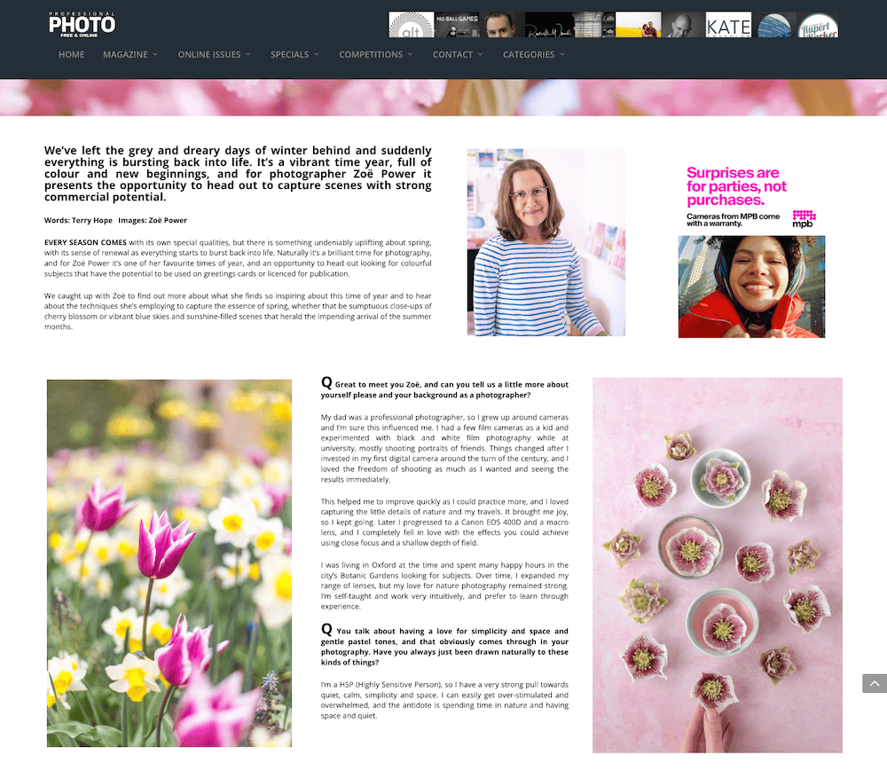 Screenshot of my interview in Professional Photo Online magazine