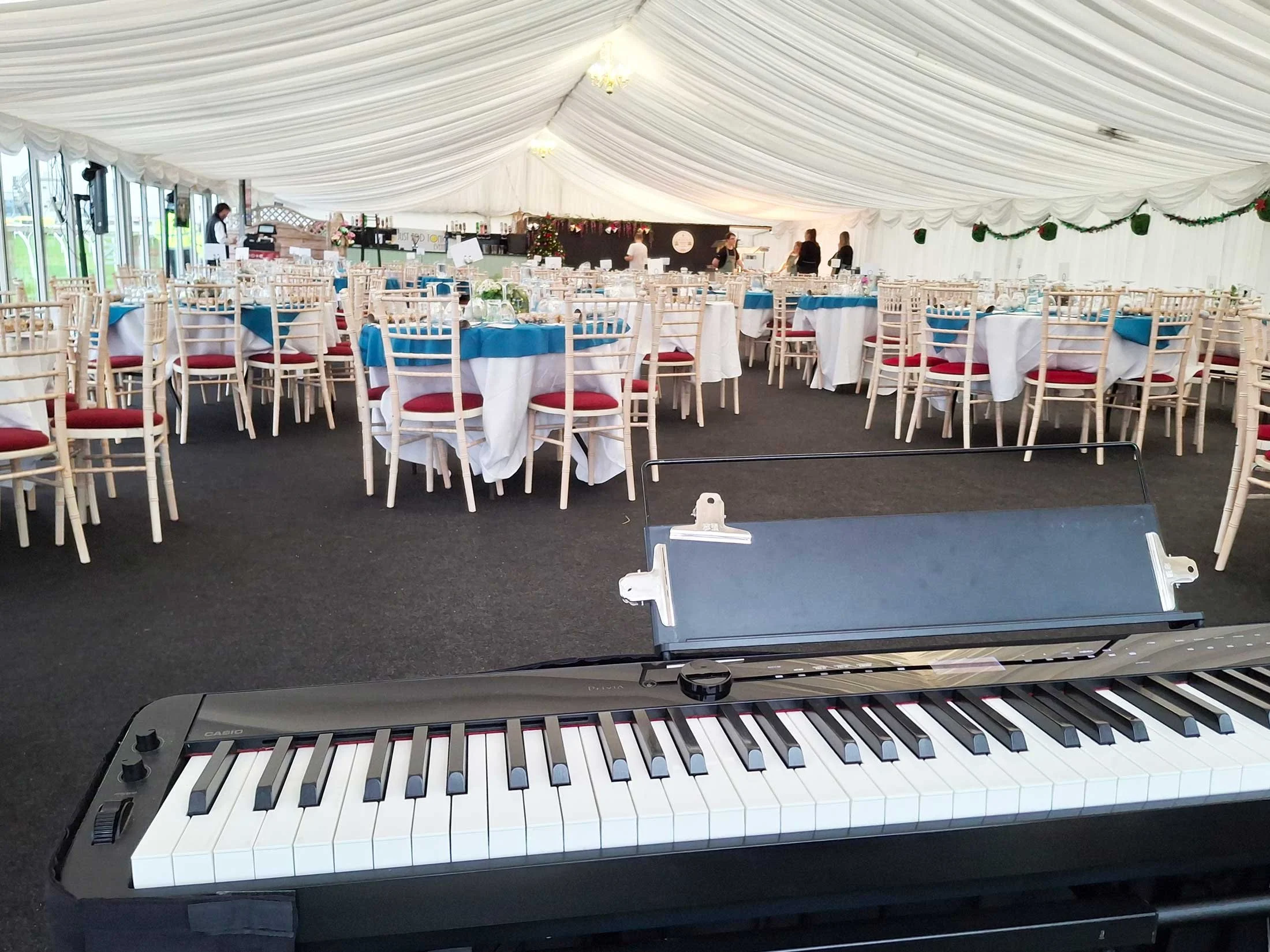 My view from the keyboard at the Final Furlong Marquee at Kelso Racecourse