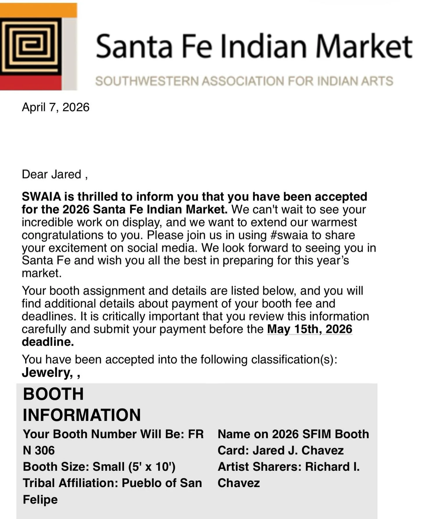 The letters are in! Dad and I will be back to see you all again with our latest designs at the Santa Fe Indian Market in our usual booth, FR-N 306 this August! Thank you @santafeindianmarket 🤩⚒️❤️🔥