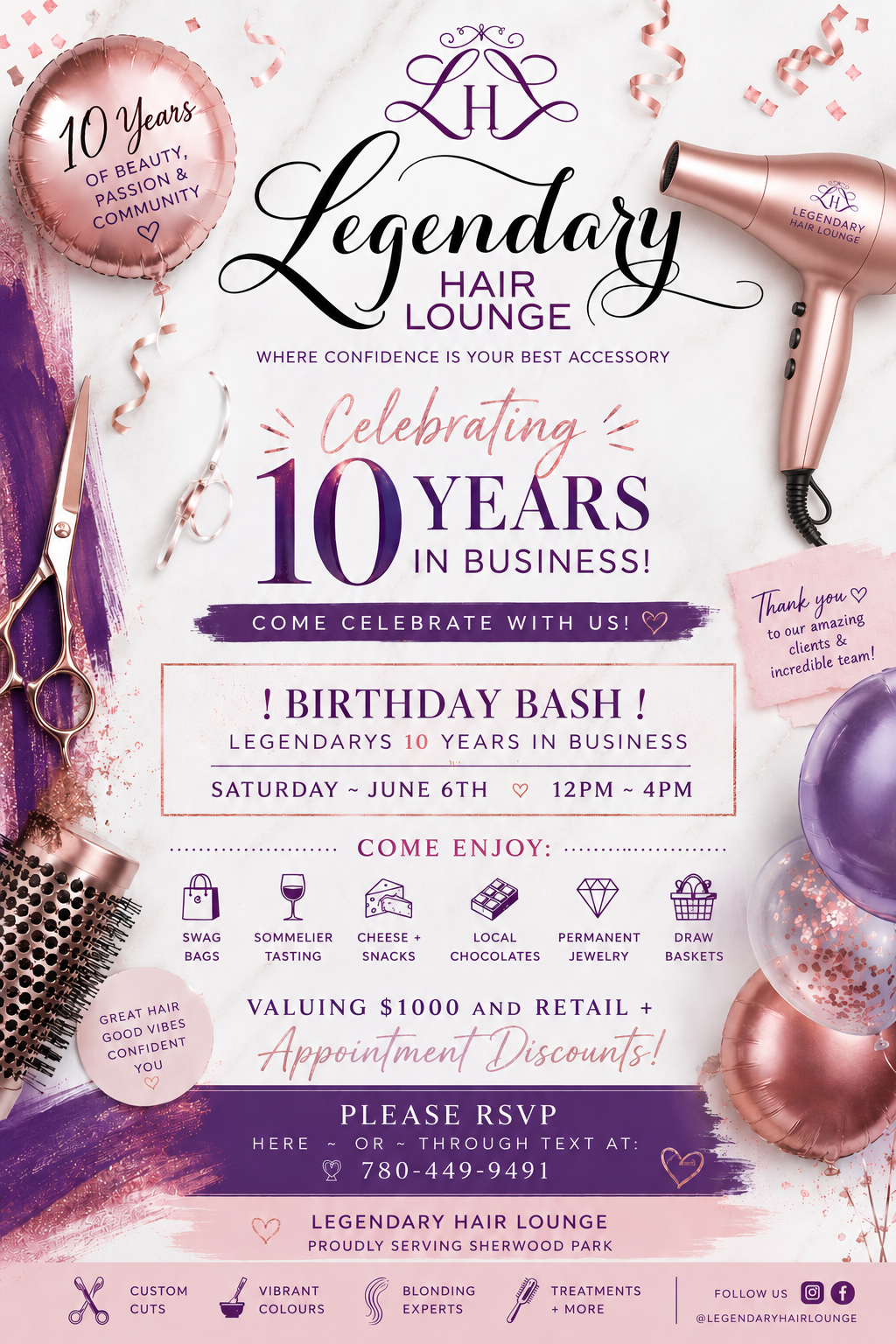 Celebration flyer for Legendary Hair Lounge's 10th anniversary with balloons, scissors, a hairbrush, hairdryer, and icons for various services, with event details and contact information.
