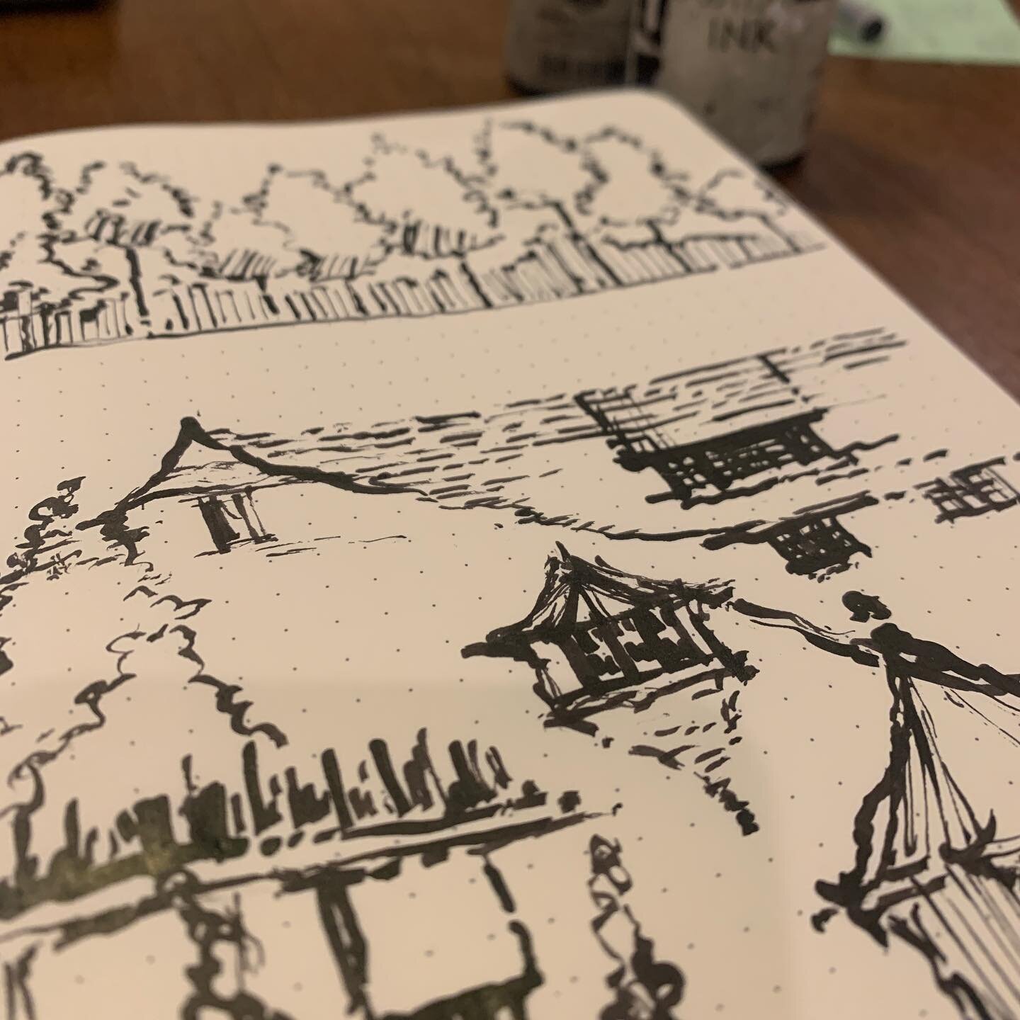 Found myself inspired by the work of @marekbad64 and @lachmair.art via @sketching_retreat and now here I am trying to &ldquo;free my mind&rdquo; with some shingle style doodles.