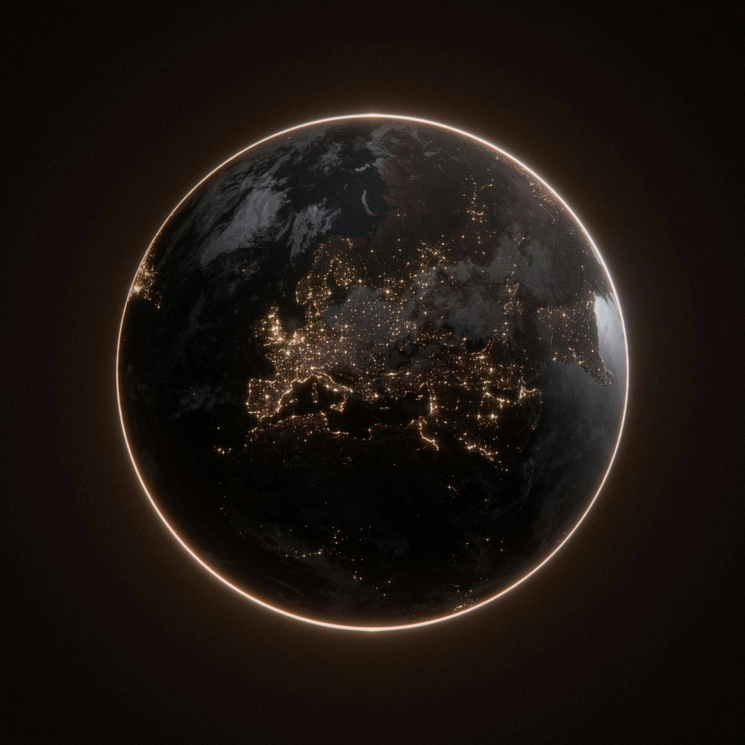 Earth at night from space, showing Europe, North Africa, and the Middle East illuminated by city lights