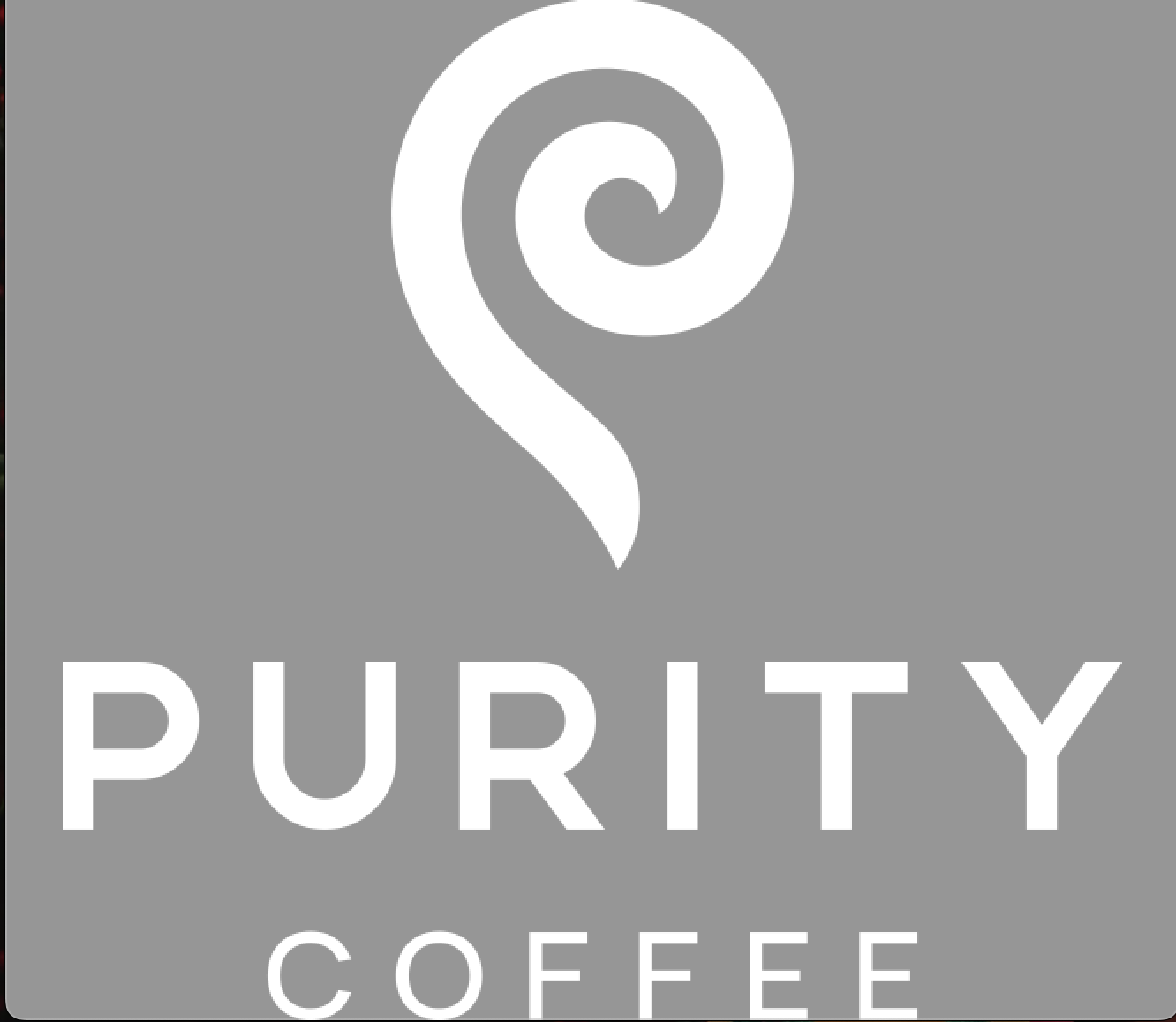 Logo of Purity Coffee with a stylized spiral design above the text.