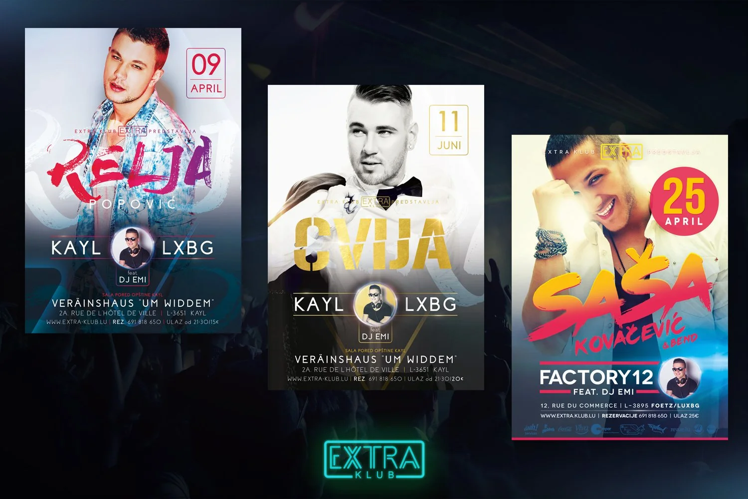 Selection of event flyers for Extra Klub