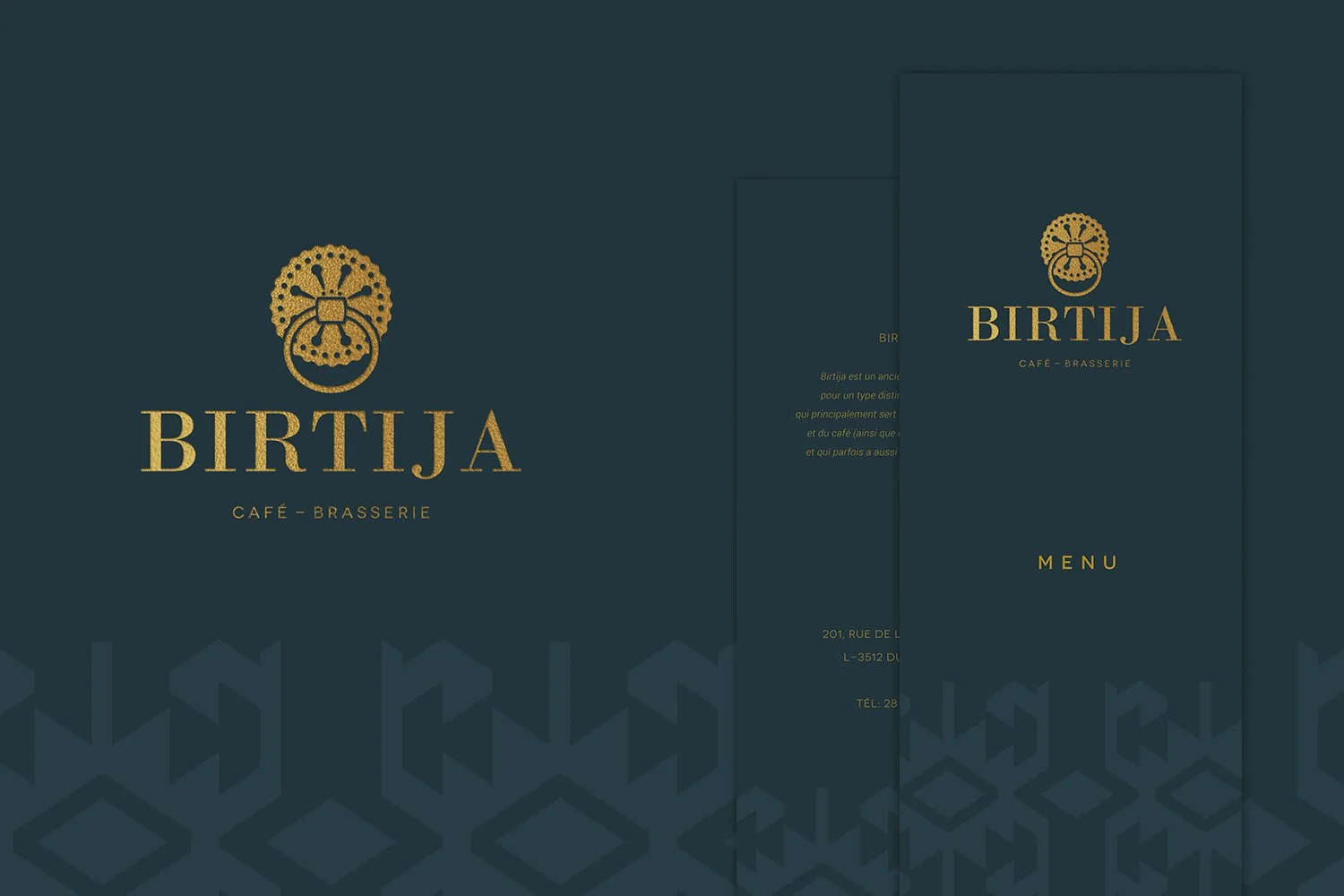 Logo and menu for a Brasserie "Birtija" in Duddelange. 
