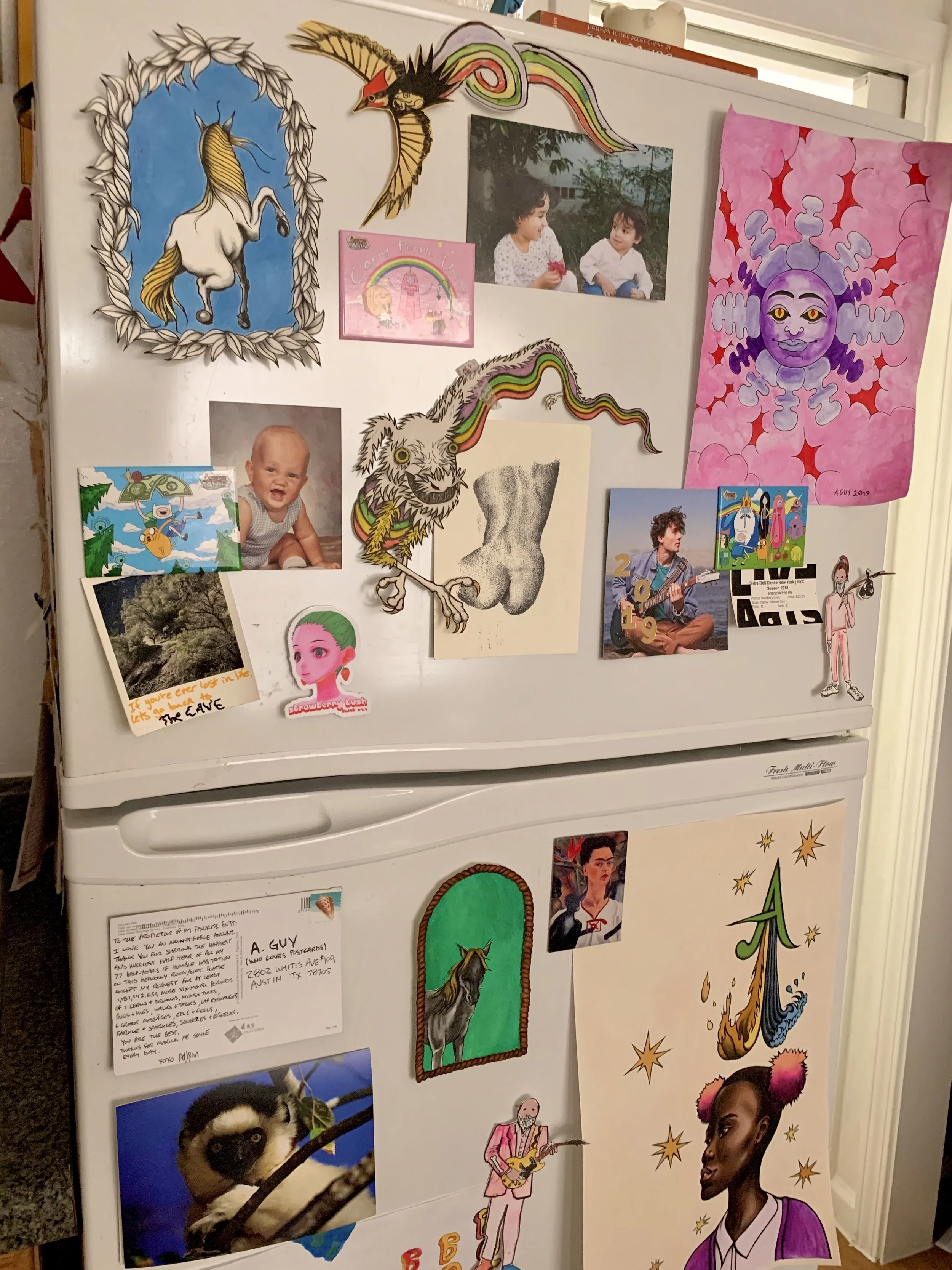 My fridge in 2019 when I lived next door to Adam and Ben Ballinger. Finished 'A' poster original and a couple of White Horse horses among the other bits.