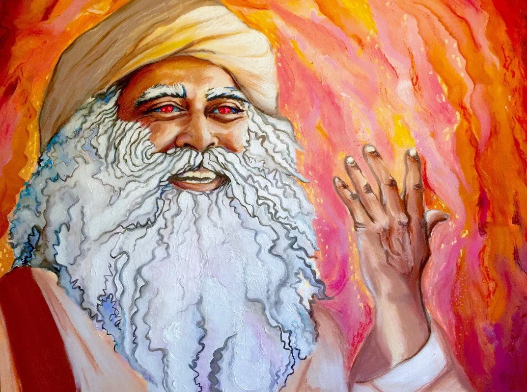 Sadhguru. Acrylic paint and pastels on board.