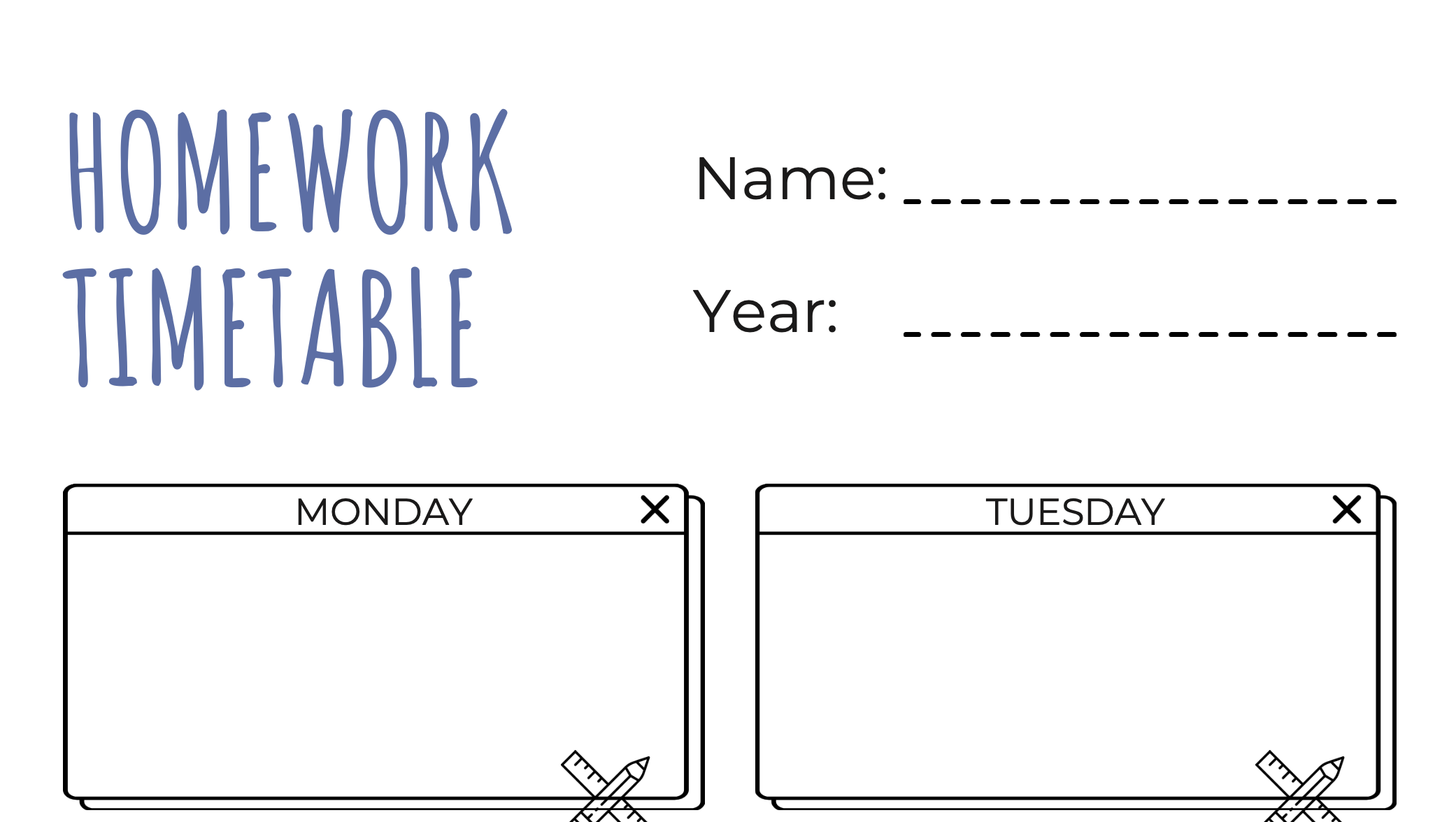 Homework timetable Monday-Saturday