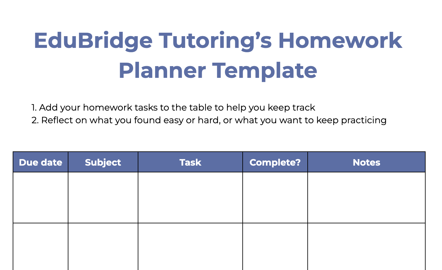 Homework planner template
