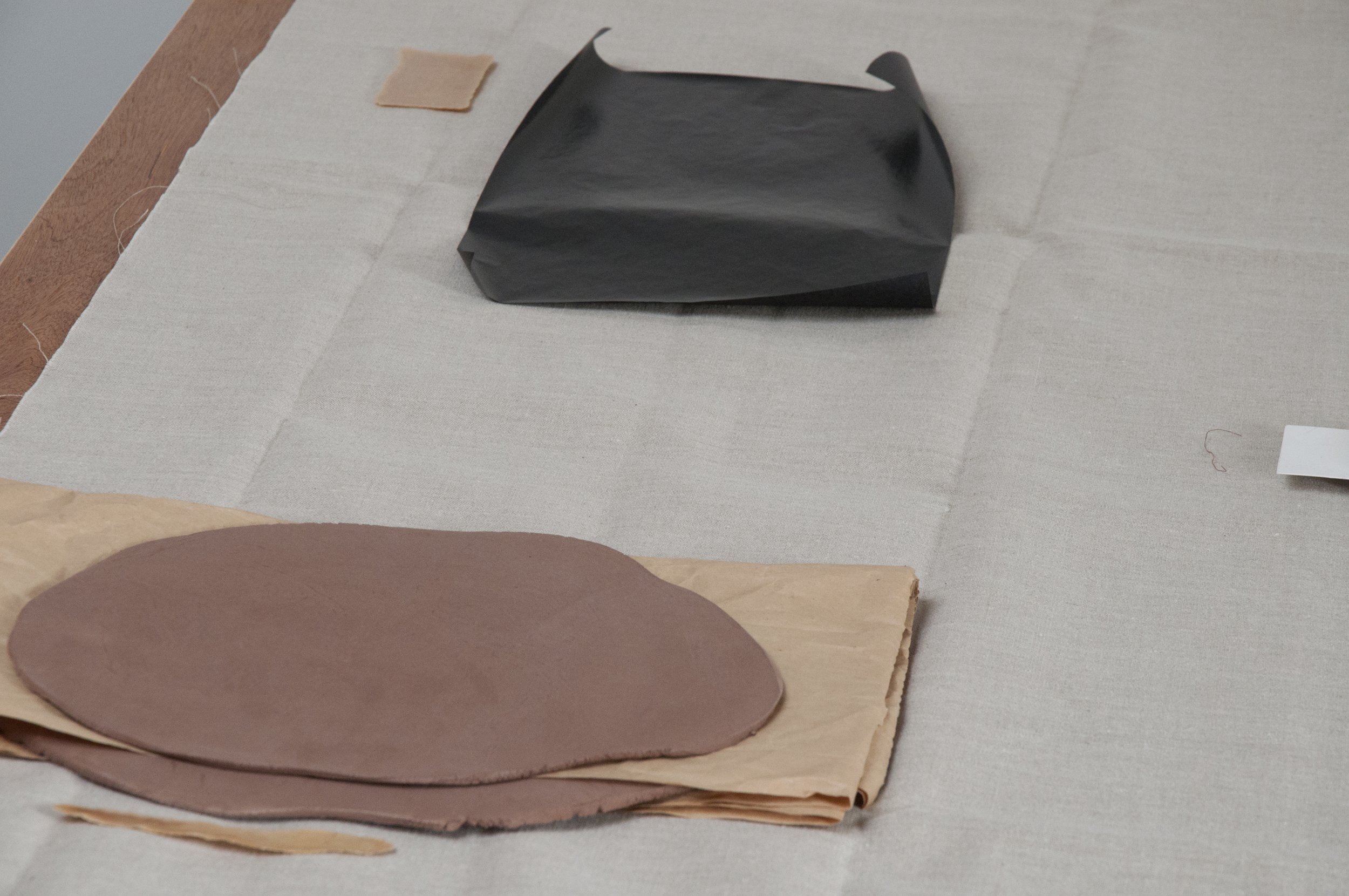 Everything touches everything else, linen, paper, tape, clay, thread, fluff, soap, pumpkin peel, jasmine stem, plywood, London, U.K, 2018-2019