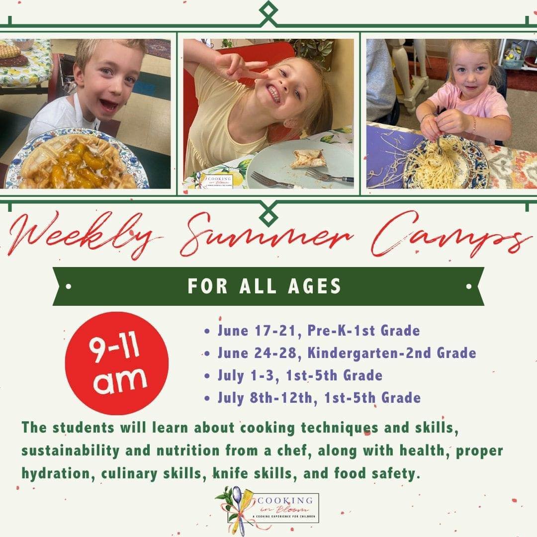 🌻Join us for our weekly Summer Camps at Cooking in Bloom! 🍳

Let your children unleash their culinary creativity in a fun and engaging environment. 

Sign up now and watch them bloom into budding chefs! 🌟👩&zwj;🍳 

#SummerCamp #CookingInBloom  #L