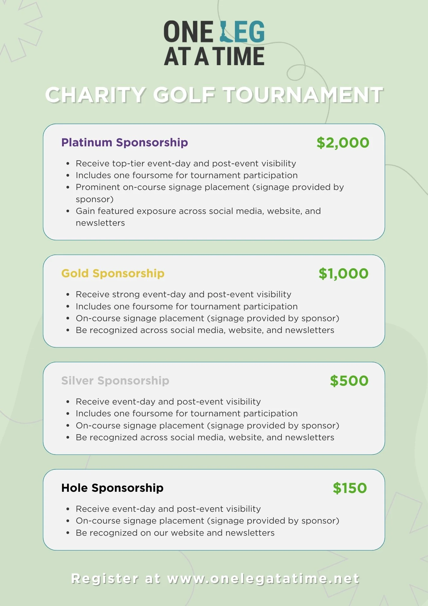 Support the tournament, gain community visibility, and help fund life-changing prosthetic care through our available sponsorship tiers.