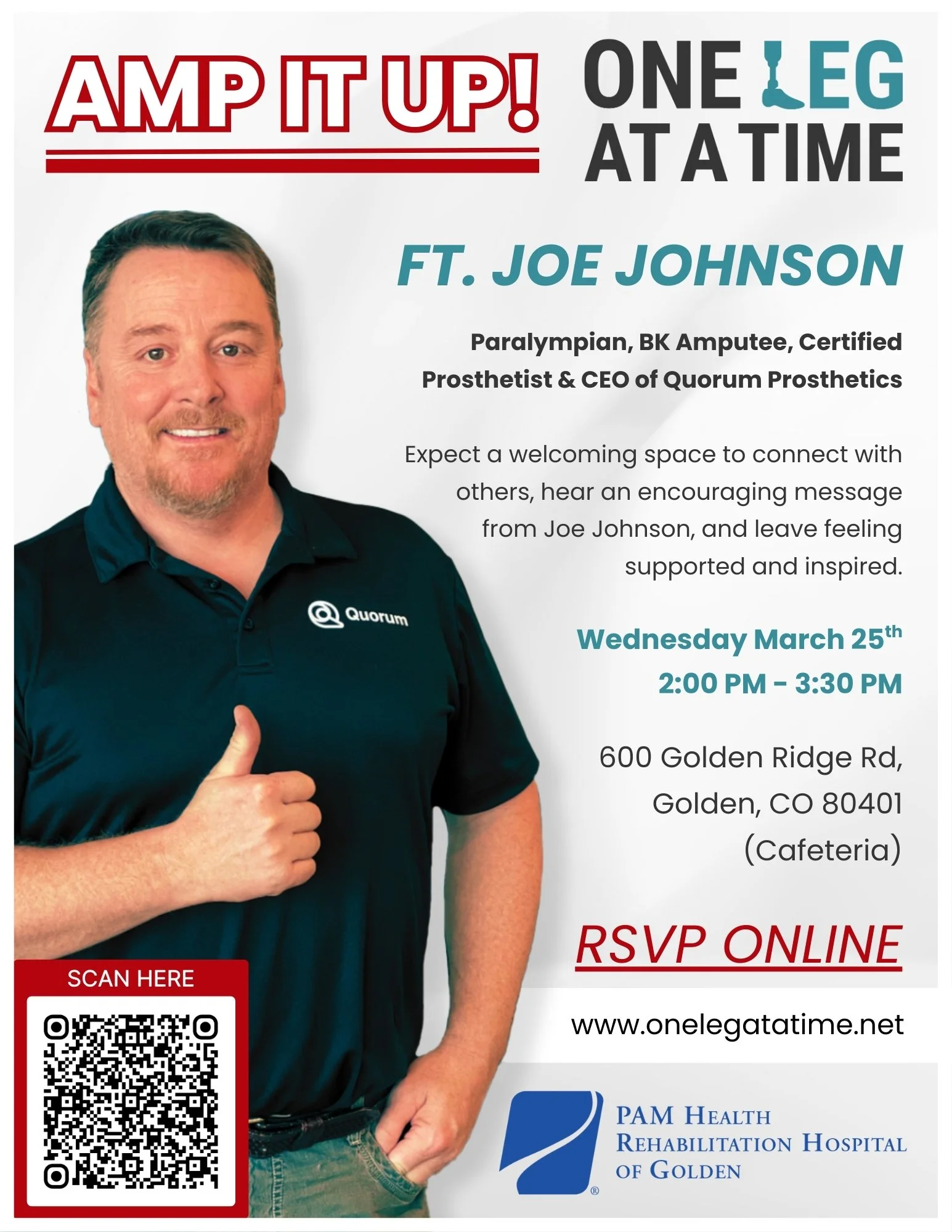 You’re invited to AMP IT UP at PAM Health Rehabilitation Hospital of Golden with guest speaker Joe Johnson. Hear how a Paralympian and prosthetics innovator has navigated challenges, stayed driven, and found new possibilities after limb loss. Veggie 