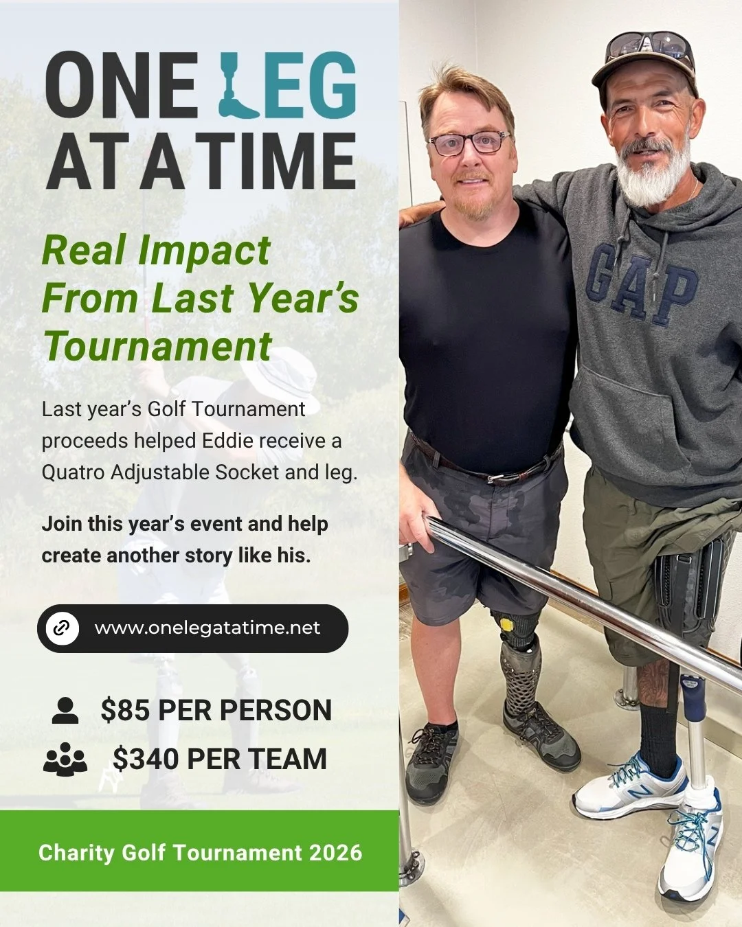 Thanks to the support raised through the 2025 One Leg At A Time Charity Golf Tournament, Eddie Carrillo received a Quatro Adjustable Socket and prosthetic leg from Quorum Prosthetics.
