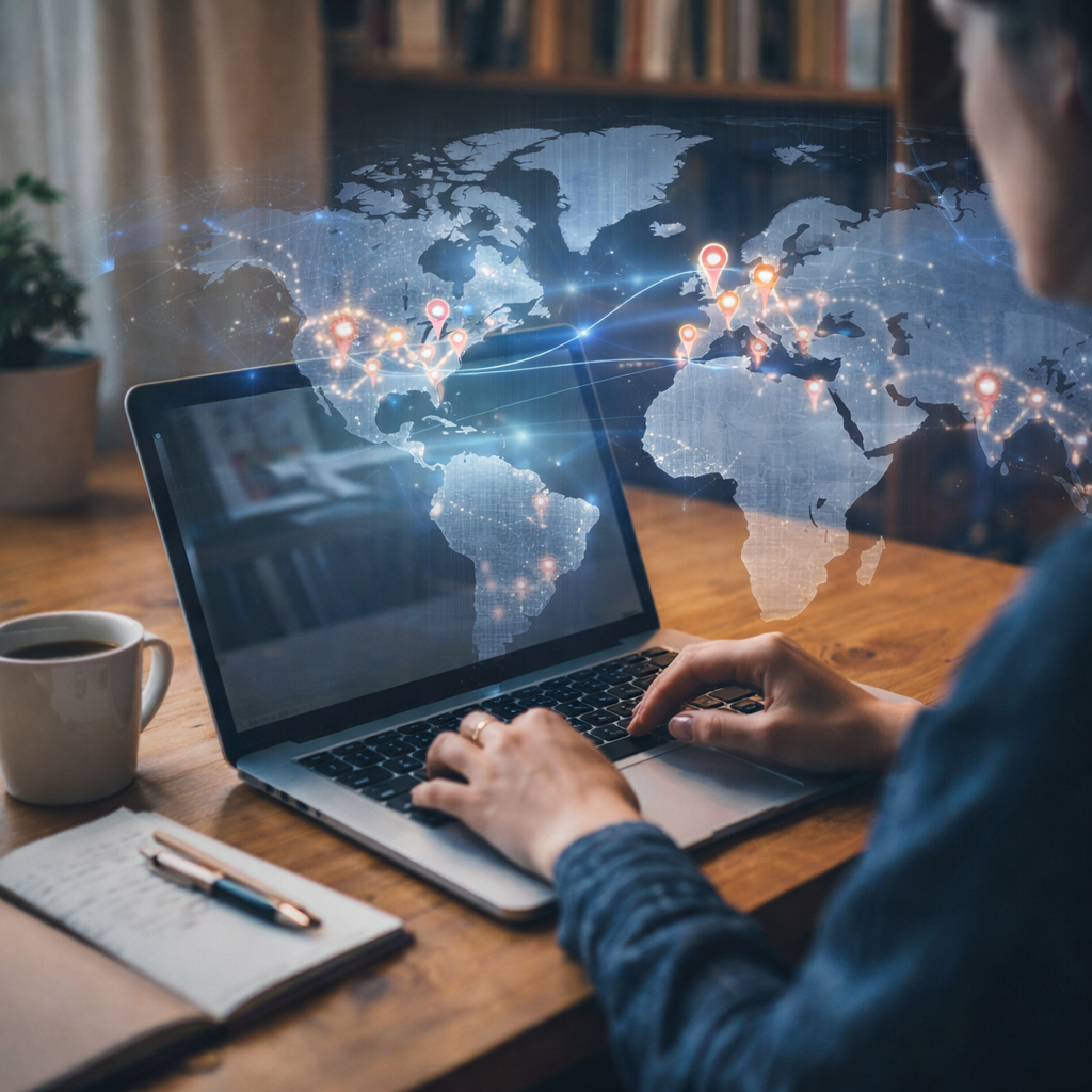 Author working on laptop with global digital map showing how Facebook ads reach readers worldwide.