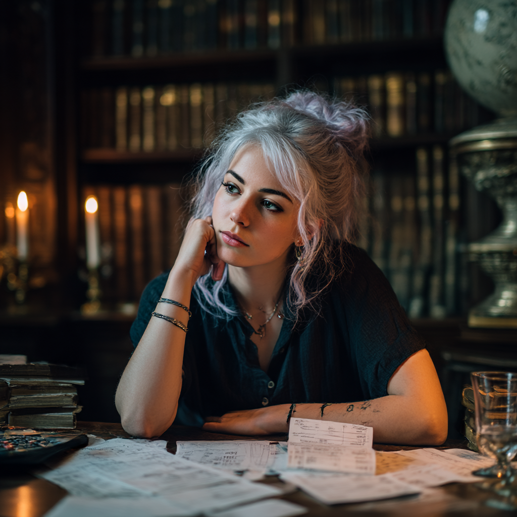 A thoughtful indie author sits at a desk covered in notes and paperwork, reviewing publishing and marketing decisions after a book launch, surrounded by bookshelves in a quiet study.