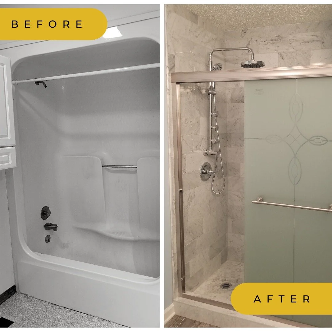 Comparison of a bathroom before and after renovation showing a bathtub on the left and a renovated shower on the right with modern tile and glass door.
