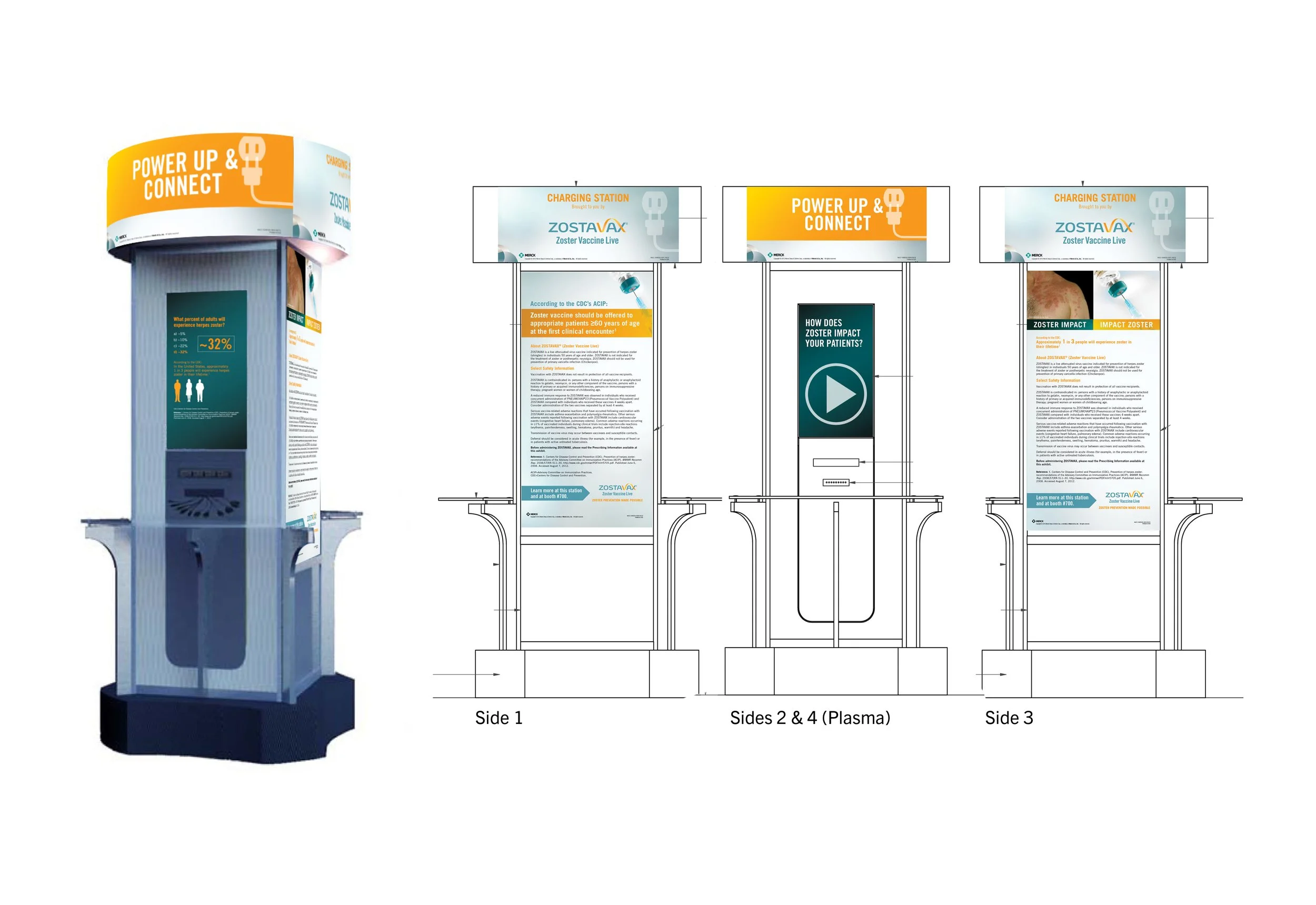 Charging Station Schematic: Houses 2 static panels and 2 plasma screens that will play an informative video.