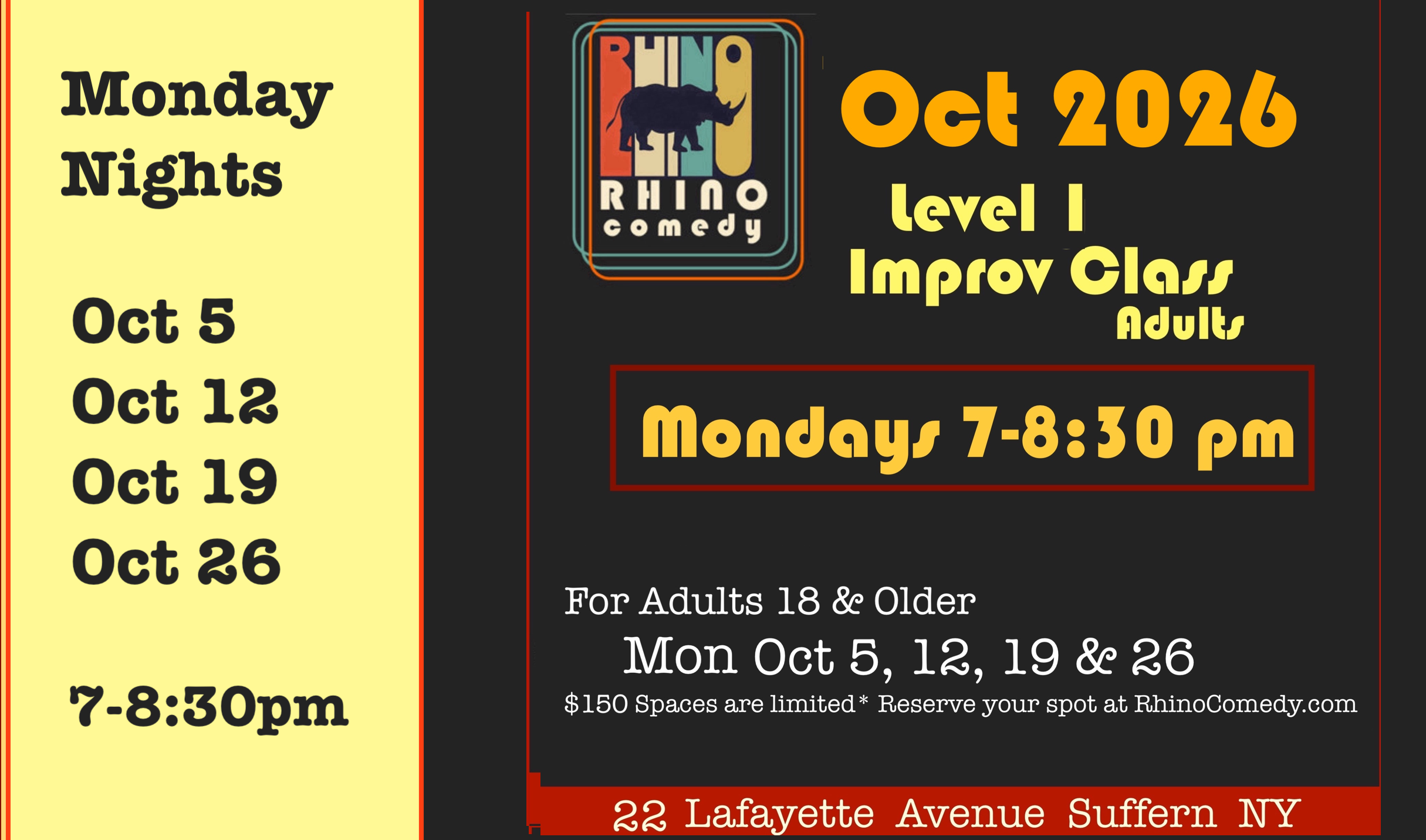 October 2026 Level One Improv Class  Mondays 7-8:30pm