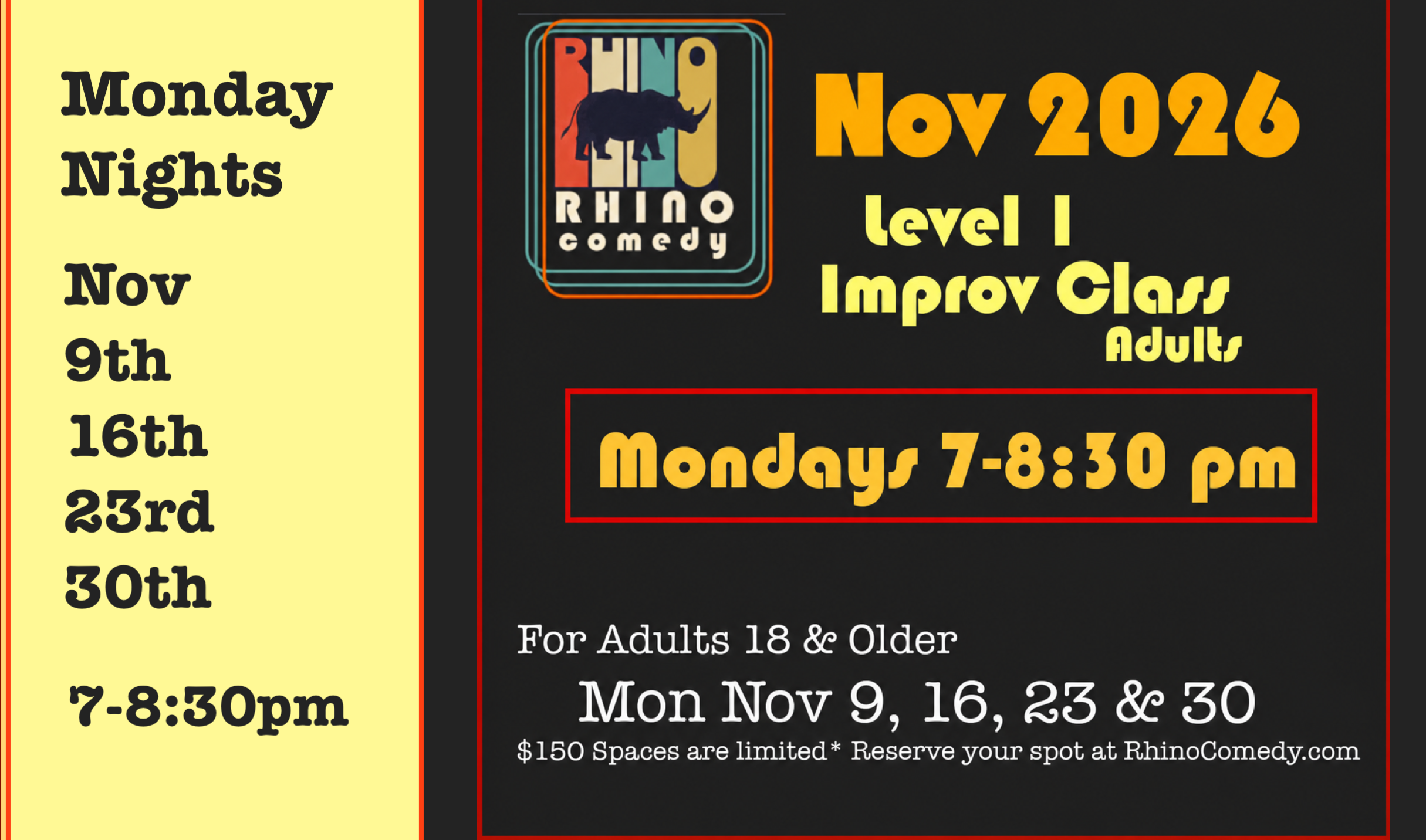 November Level One Improv Class  Mondays 7-8:30   c
