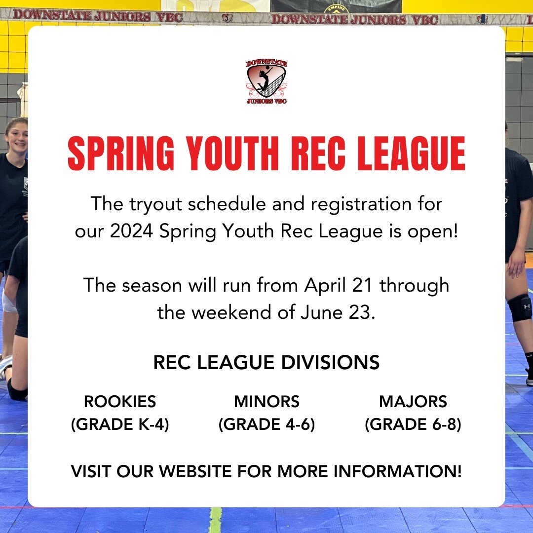 Tryout schedule, dates, and registration is open for our 2024 Spring Youth Rec League!⁠
⁠
The season will run from April 21 through June 23. ⁠
⁠
🏐Who: ⁠
Players age K-8⁠
⁠
📍Where: ⁠
Downstate Athletic Center (Peekskill)⁠
Gold's Gym (Poughkeepsie)⁠
