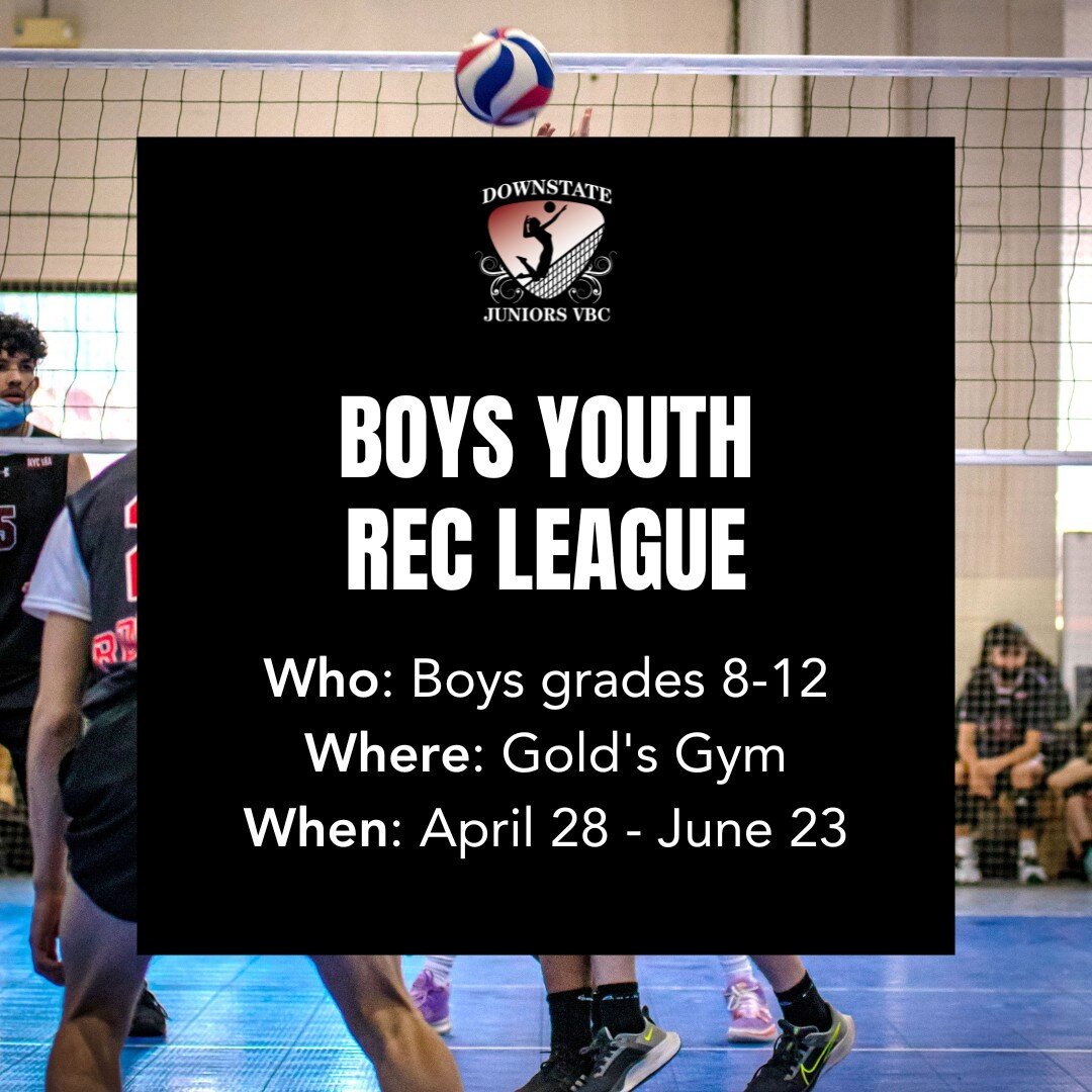 You asked for it!⁠
⁠
We will now be running a Boys Youth Rec League at Gold's Gym this spring!⁠
This league will be for boys grades 8-12, and will run from April 28th - June 23!⁠
⁠
Practices: Thursday evenings⁠
Games: Sunday afternoons⁠
⁠
Click the l