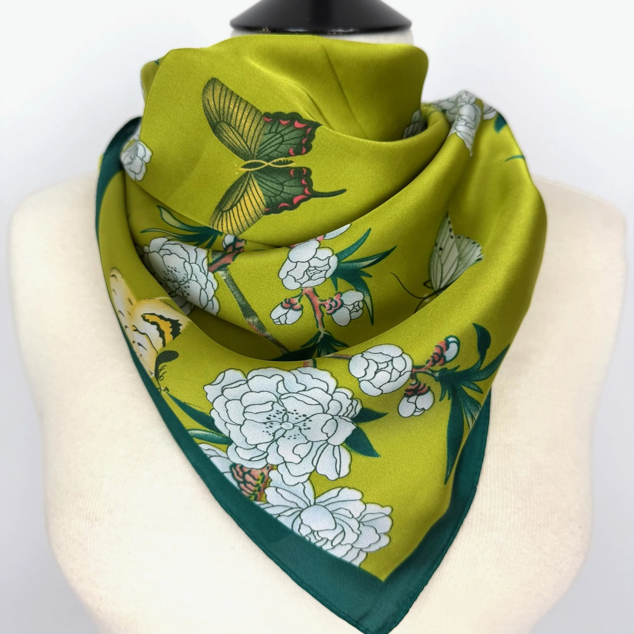 NECKERCHIEF Silk Square Scarf Green Butterfly
