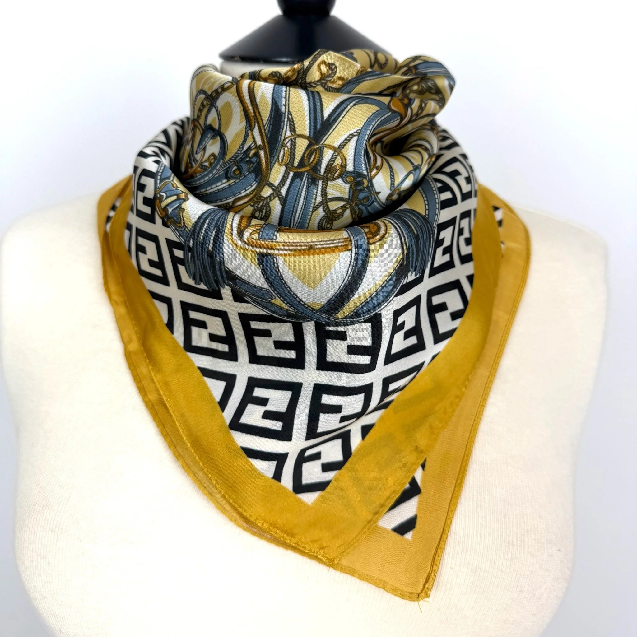 NECKERCHIEF Silk Square Scarf Blac/White/Gold