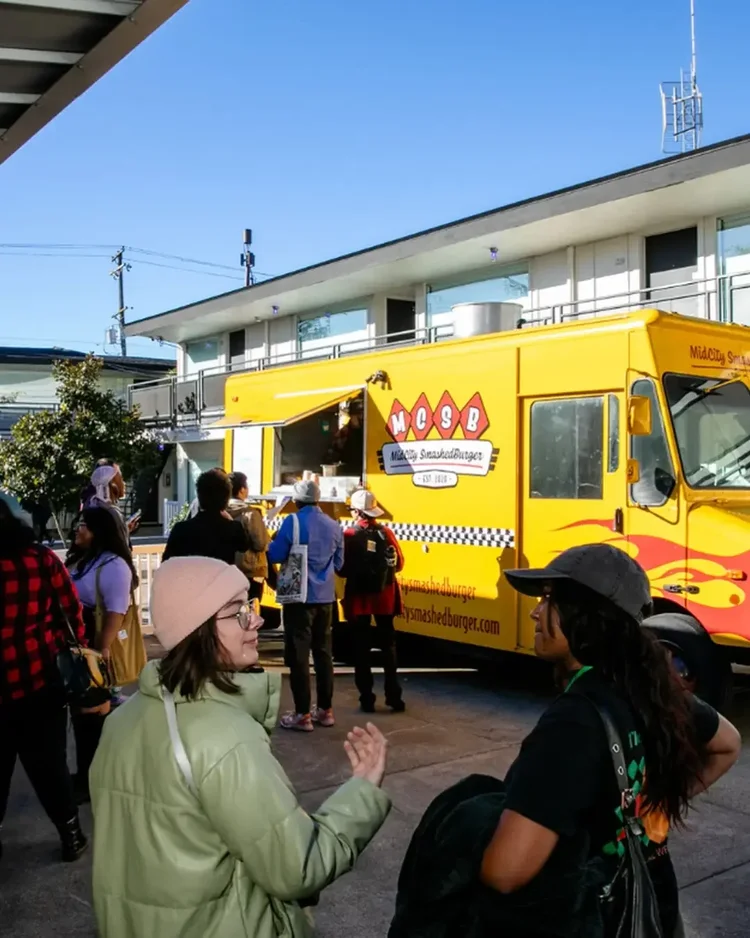 MidCity SmashedBurger Portland food cart with customers gathered outside