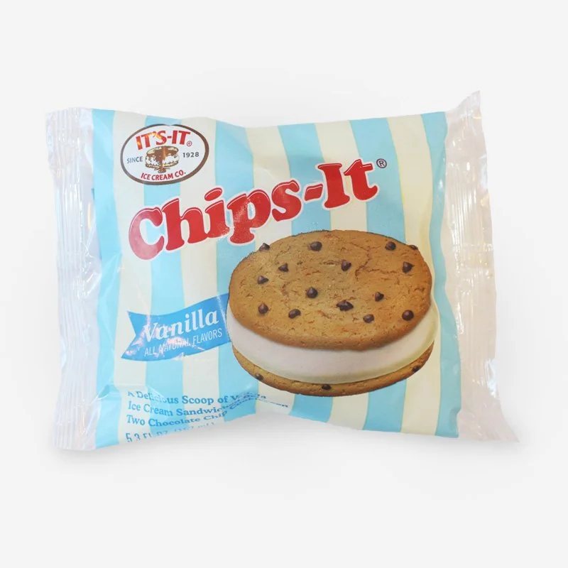 IT'S-IT Chips-IT Vanilla Ice Cream Sandwich with creamy vanilla ice cream between two chocolate chip cookies, available at MidCity SmashedBurger in Portland, Oregon.