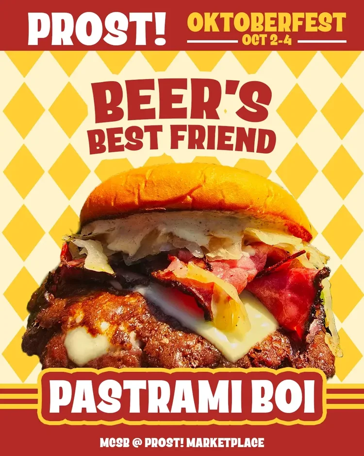 MidCity SmashedBurger Pastrami Boi Oktoberfest promotional graphic featuring the Pastrami Boi burger