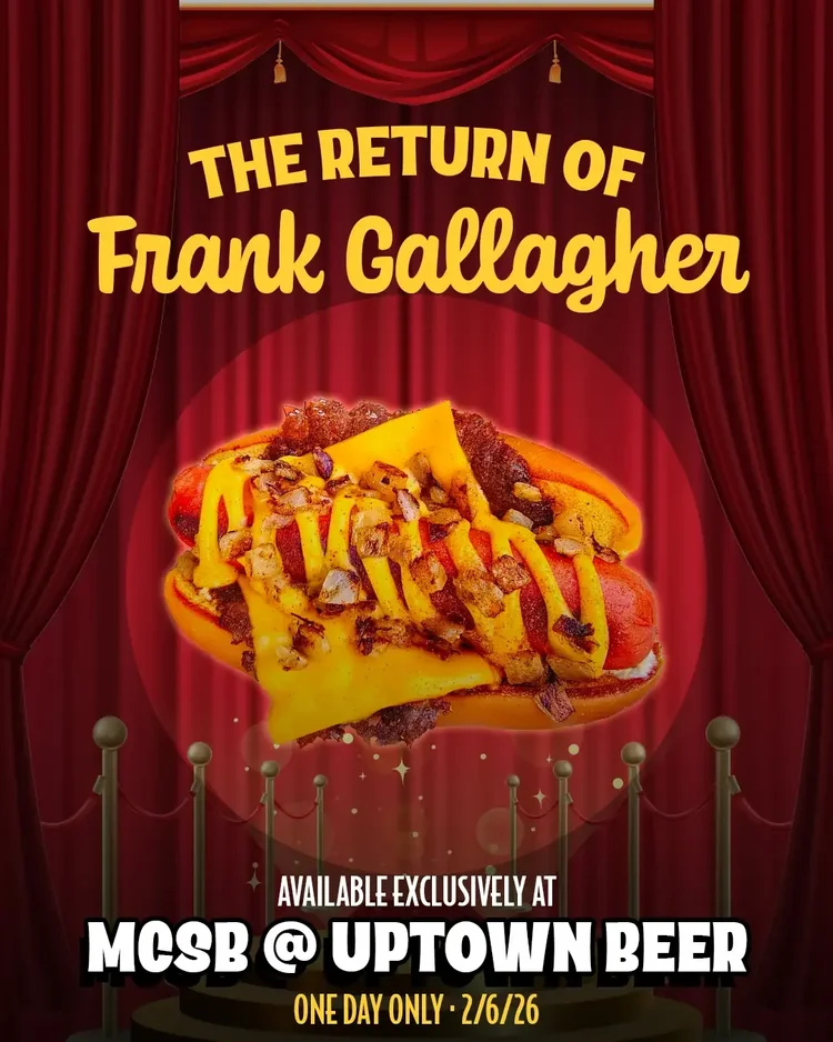 MidCity SmashedBurger Wiener Week promotional poster featuring the Return of Frank Gallagher hot dog