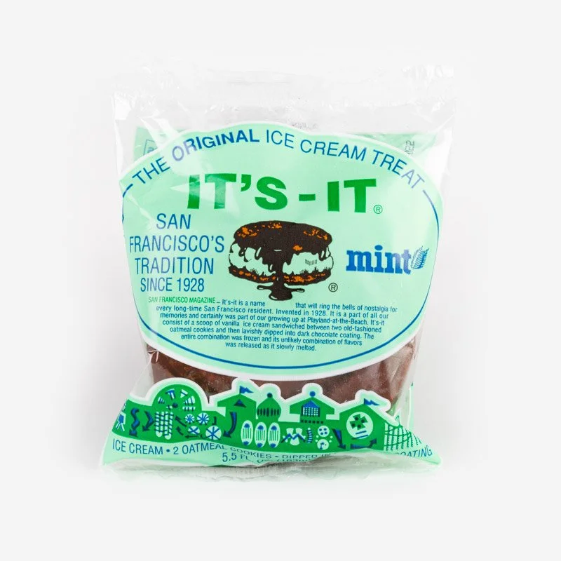 IT'S-IT Mint Ice Cream Sandwich featuring mint ice cream between two oatmeal cookies dipped in dark chocolate, available at MidCity SmashedBurger in Portland, Oregon.