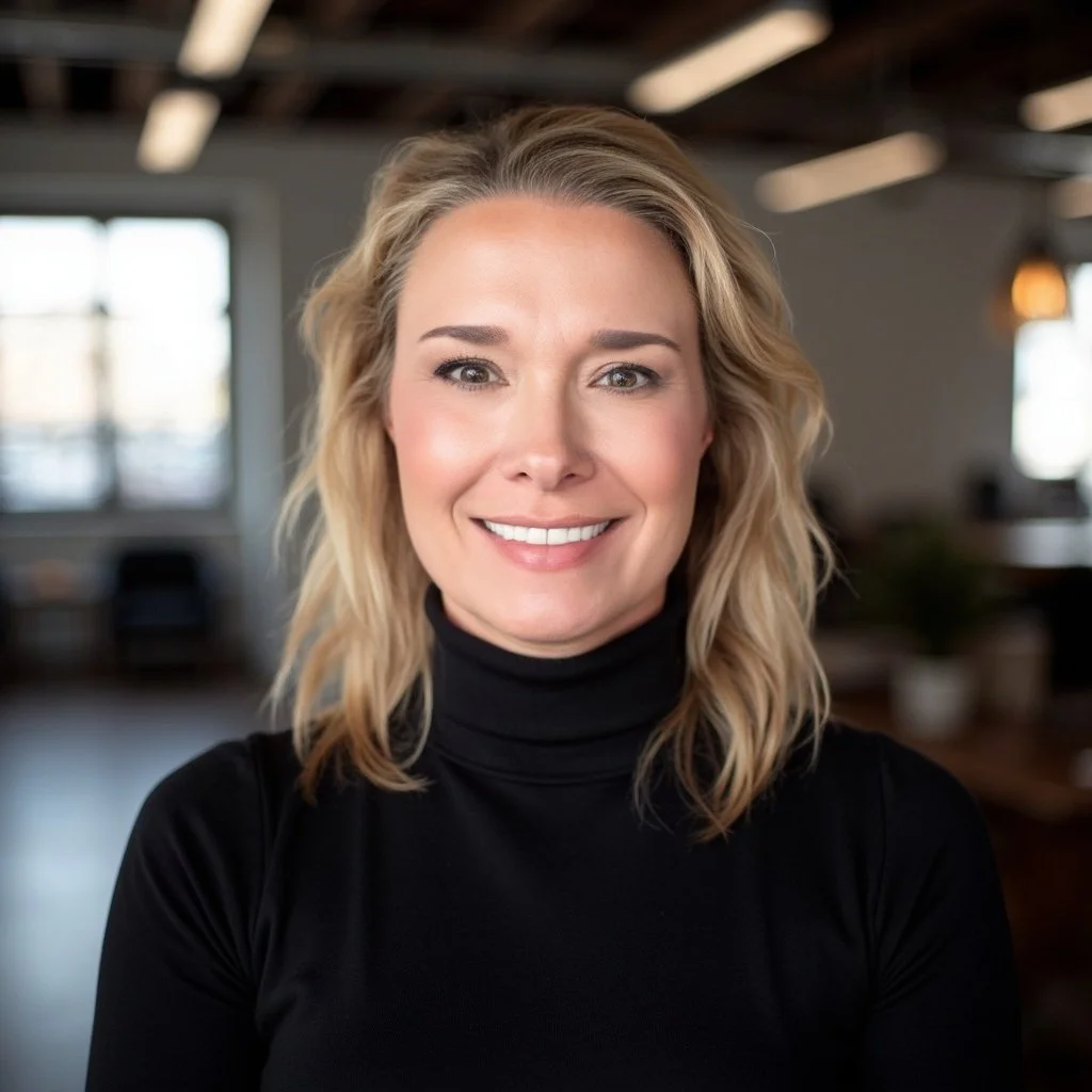 A woman smiling with shoulder-length blonde hair, wearing gold earrings and a black top, standing against a dark gray wall.