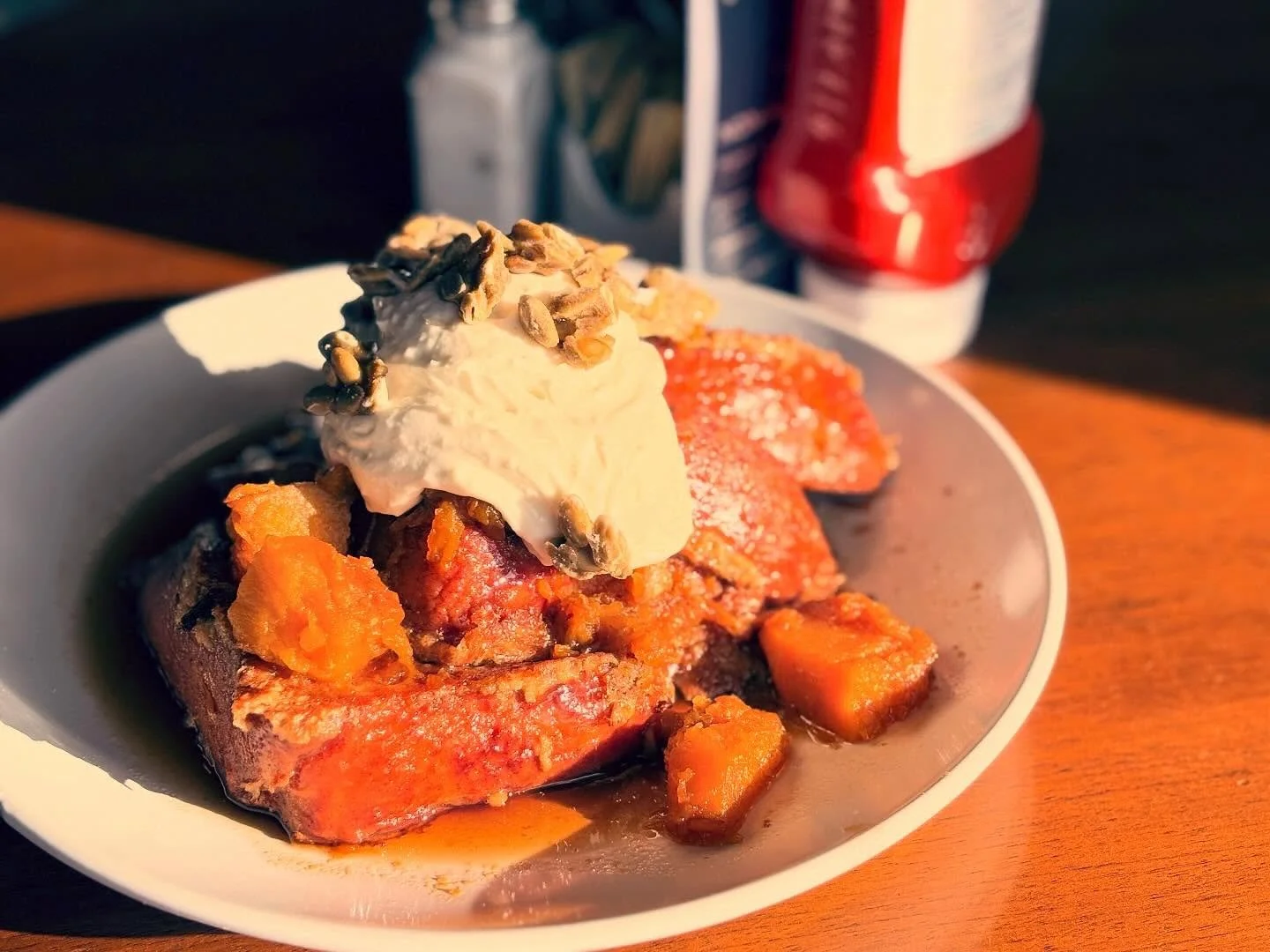 Feels like fall, tastes like the holidays! Get your Pumpkin Pie French toast all November long. Cinnamon Pullman bread, calabaza squash, cheesecake filling and candied pepitas! Order now and thank us later. 

#tasteslikepumpkinpie #novemebervibes #th