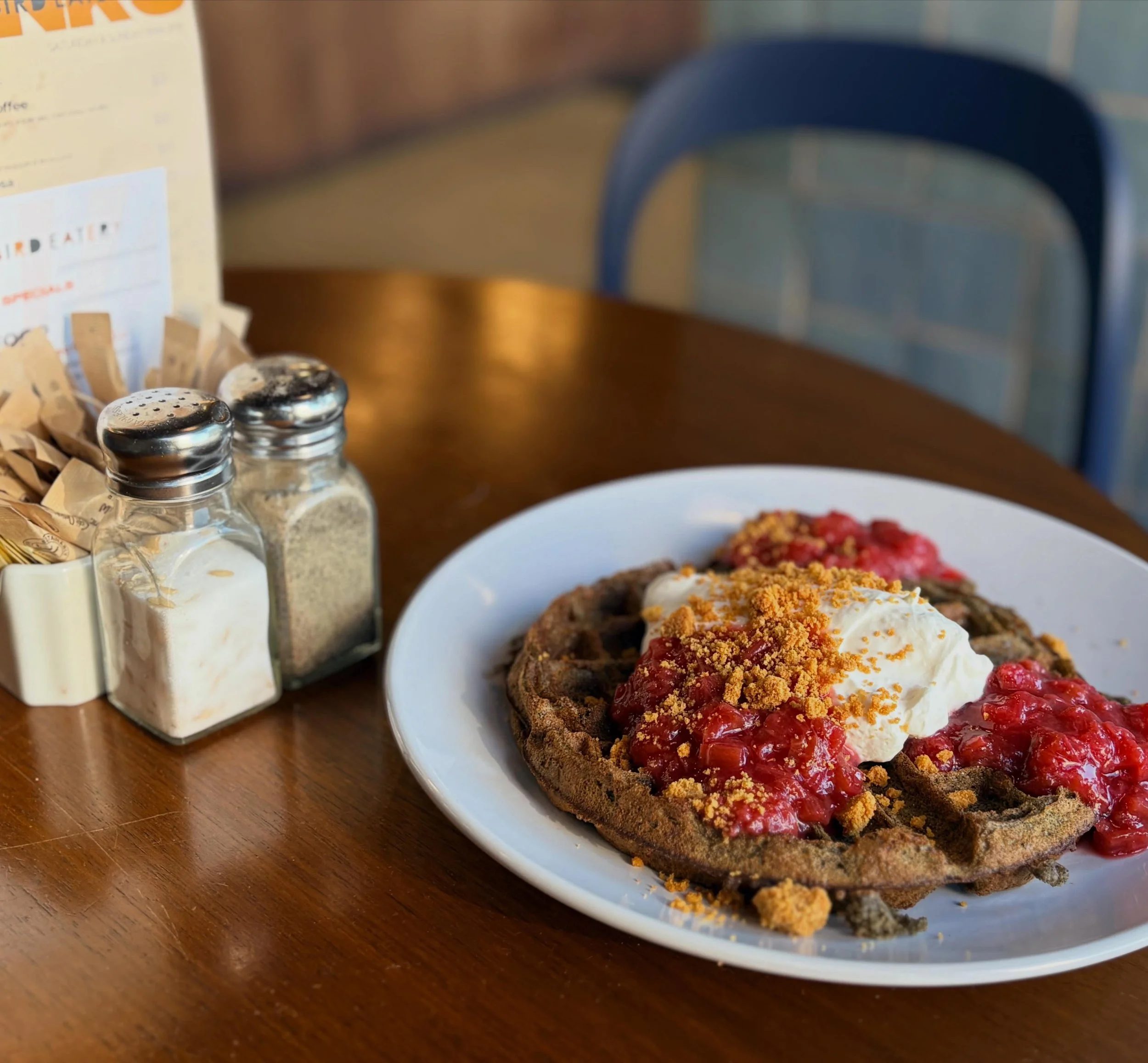 Summer is here and so is the June special! Buckwheat waffle, strawberry rhubarb compote, orange mascarpone whipped cream, and brown butter crumble. Get yours today!

#summertime #strawberryrhubarb #orangemarscapone #brownbutter