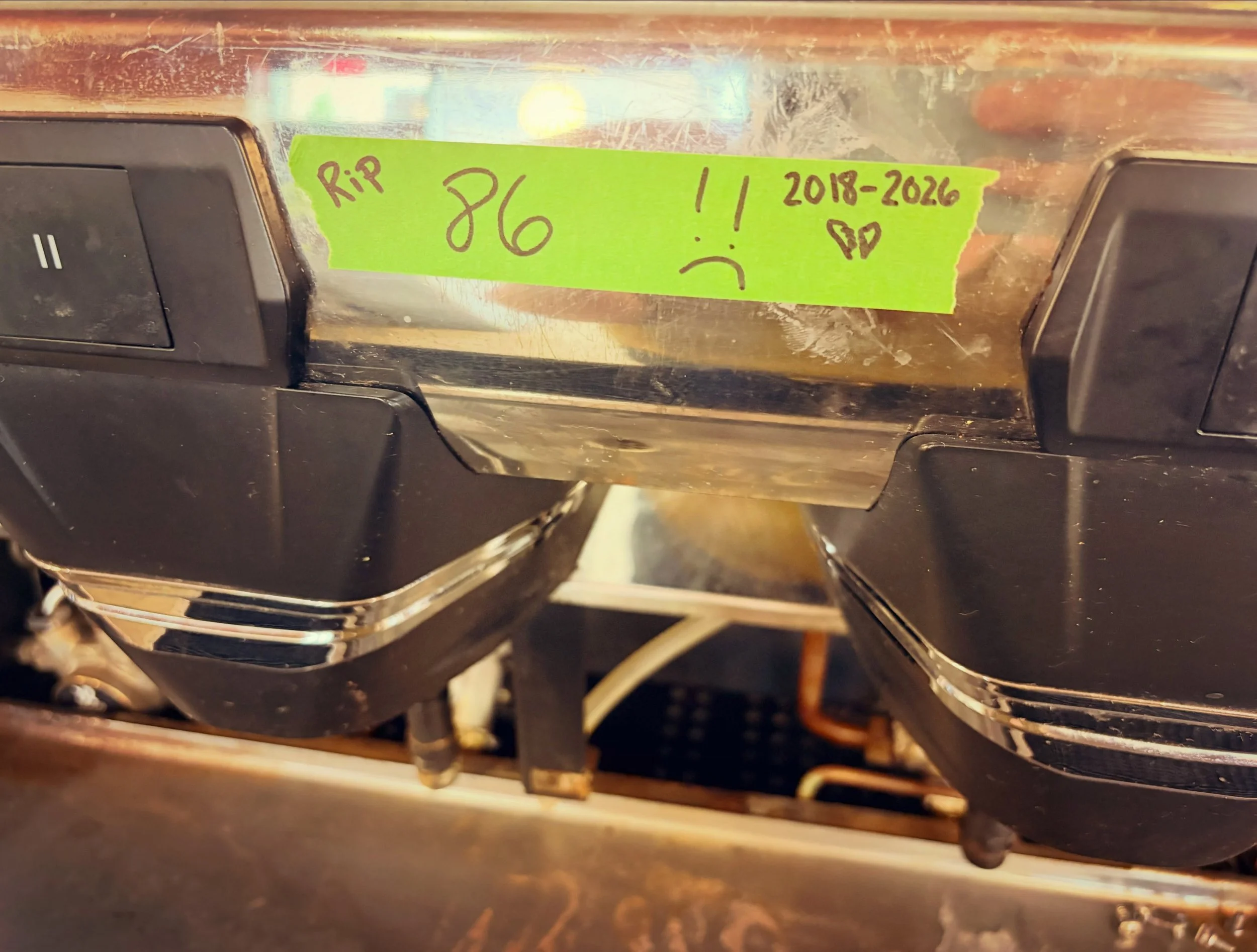 Some of you may know that we lost an old friend this weekend. Our OG espresso machine, which we&rsquo;ve had since we opened in Bridgman in 2018 decided to leave us in the most dramatic way possible. There was a lot of steam, maybe some sparks, tears