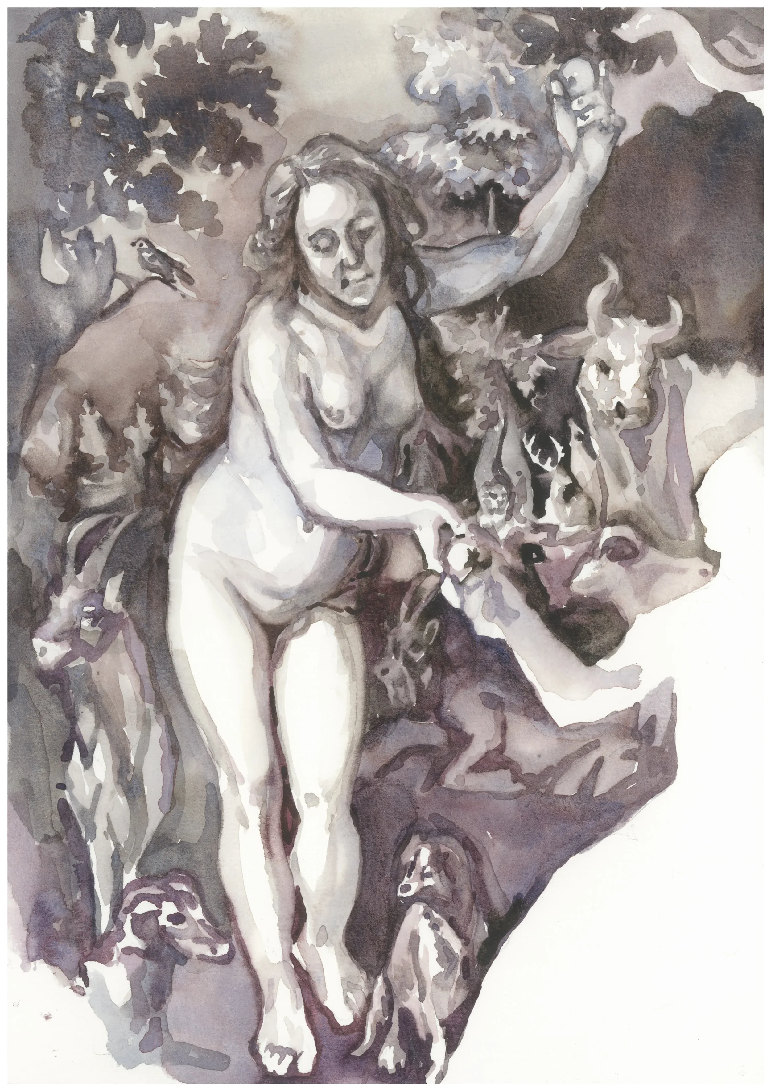 Eve Story after Joachim Anthonisz Wtewael The Temptation of Adam and Eve 2025 Watercolour on Paper 21x29.7cm Clare Thackway