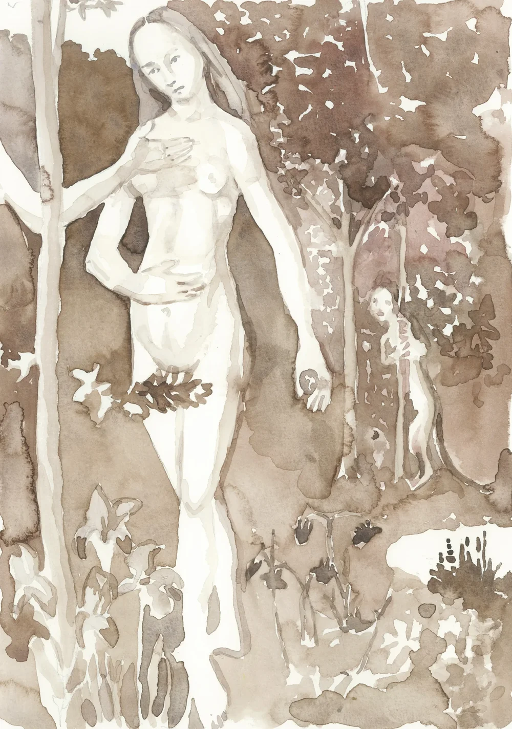 After Master of the Embroidered Foliage Adam and Eve in the Garden of Eden 1480-1510 2025 Watercolour on Paper 21x29.7cm Clare Thackway