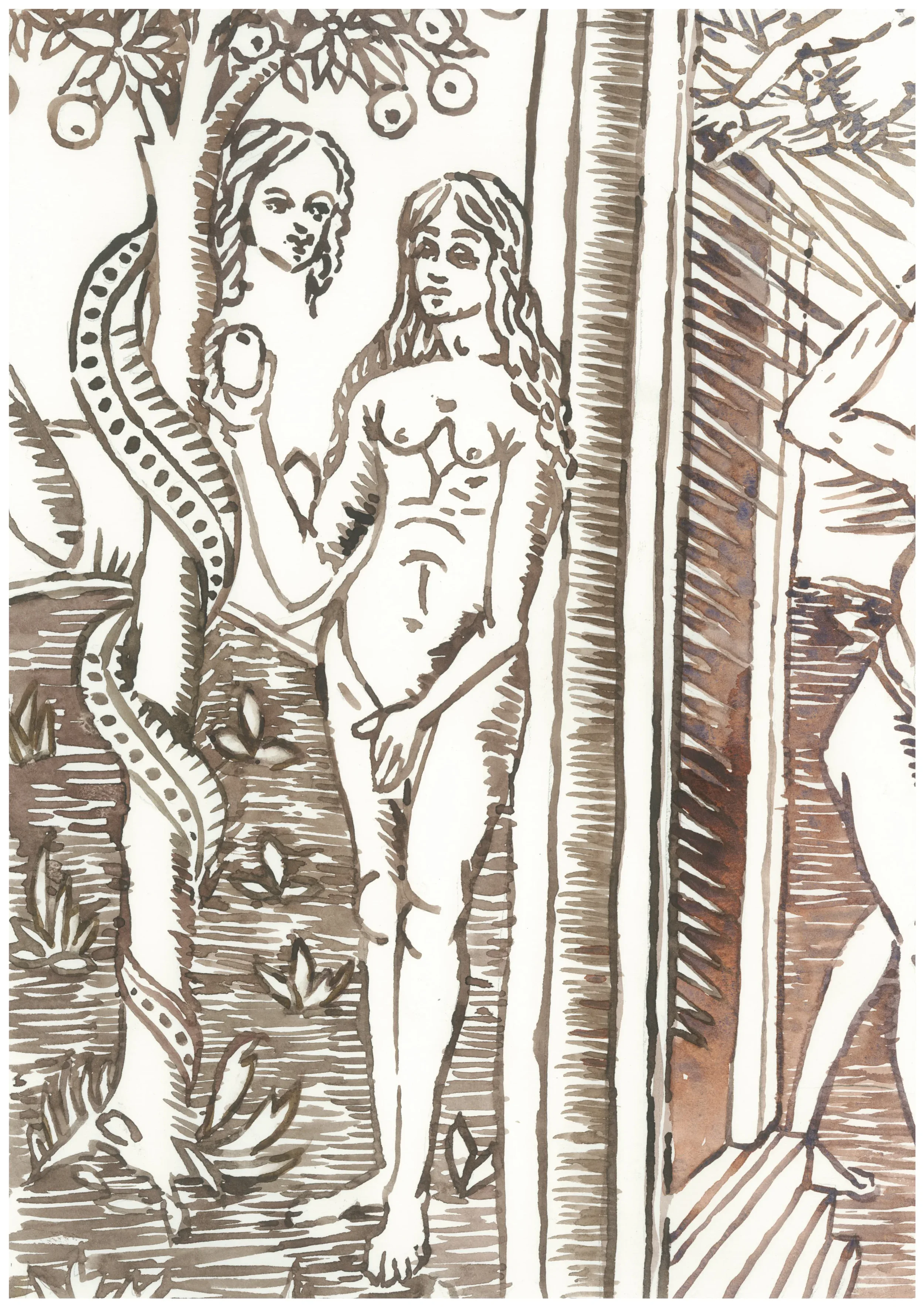 Eve Story after Jacopo Filippo Foresti Woodcut in book - Novissime Hystoriarum Omnium Repercussiones, Noviter 2025 Watercolour on Paper 21x29.7cm Clare Thackway